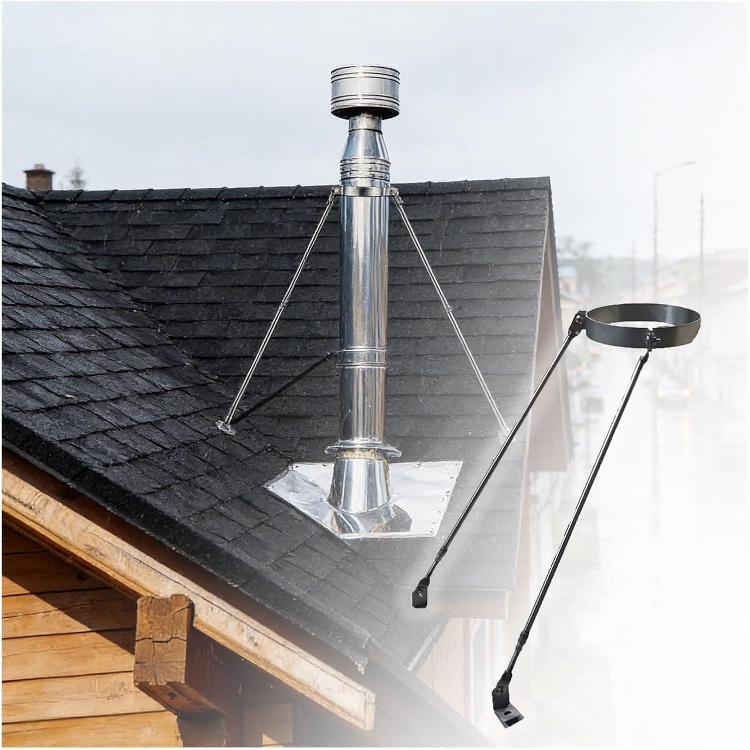 Adjustable Roof Bracket Support Kit for Chimney Pipe, 3"-10" Extension, Durable Stainless Steel, Essential Wind & Snow Stability, 8 13/16" Dia, Heavy-Duty Support