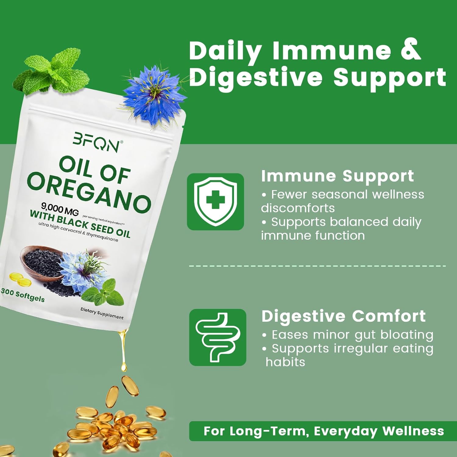 Oil of Oregano with Black Seed Oil Softgels, Organic Cold Pressed | Immune Digestive Skin Support | 300 Count (180 Day Supply) | High Carvacrol & Thymoquinone | Vegan Gluten Free