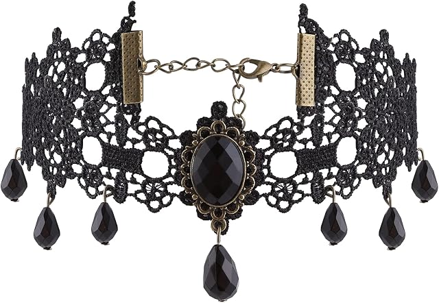 Halloween Black Lace Choker Gothic Steampunk Necklace Black Neck Chain Collar with Crystal for Women and Girls Halloween Cosplay Party Vintage Costume