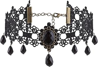 Halloween Black Lace Choker Gothic Steampunk Necklace Black Neck Chain Collar with Crystal for Women and Girls Halloween Cosplay Party Vintage Costume