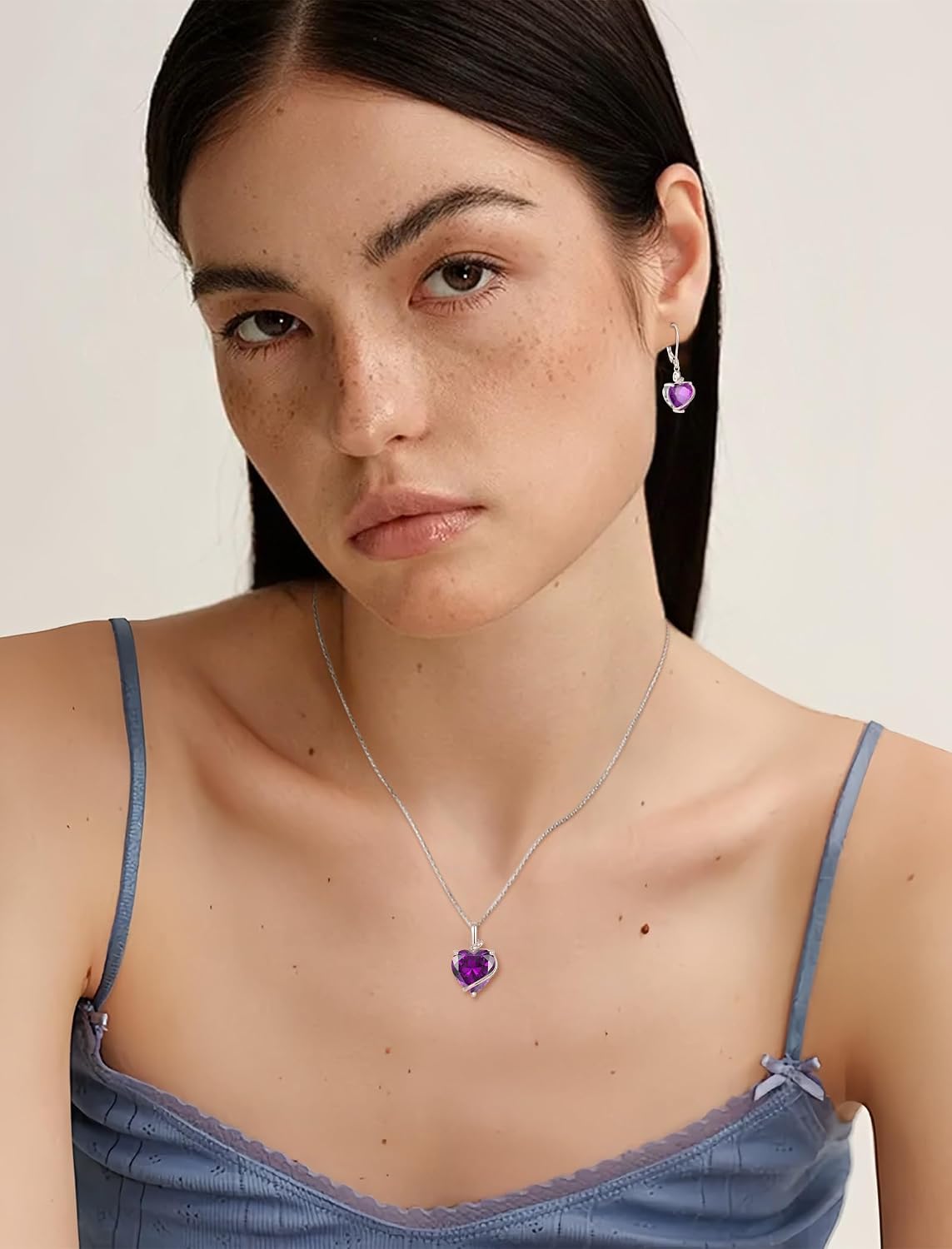 Amethyst Jewelry Set Silver Tone Heart Shaped February Birthstone Pendant Necklace Dangle Drop Earrings for Women