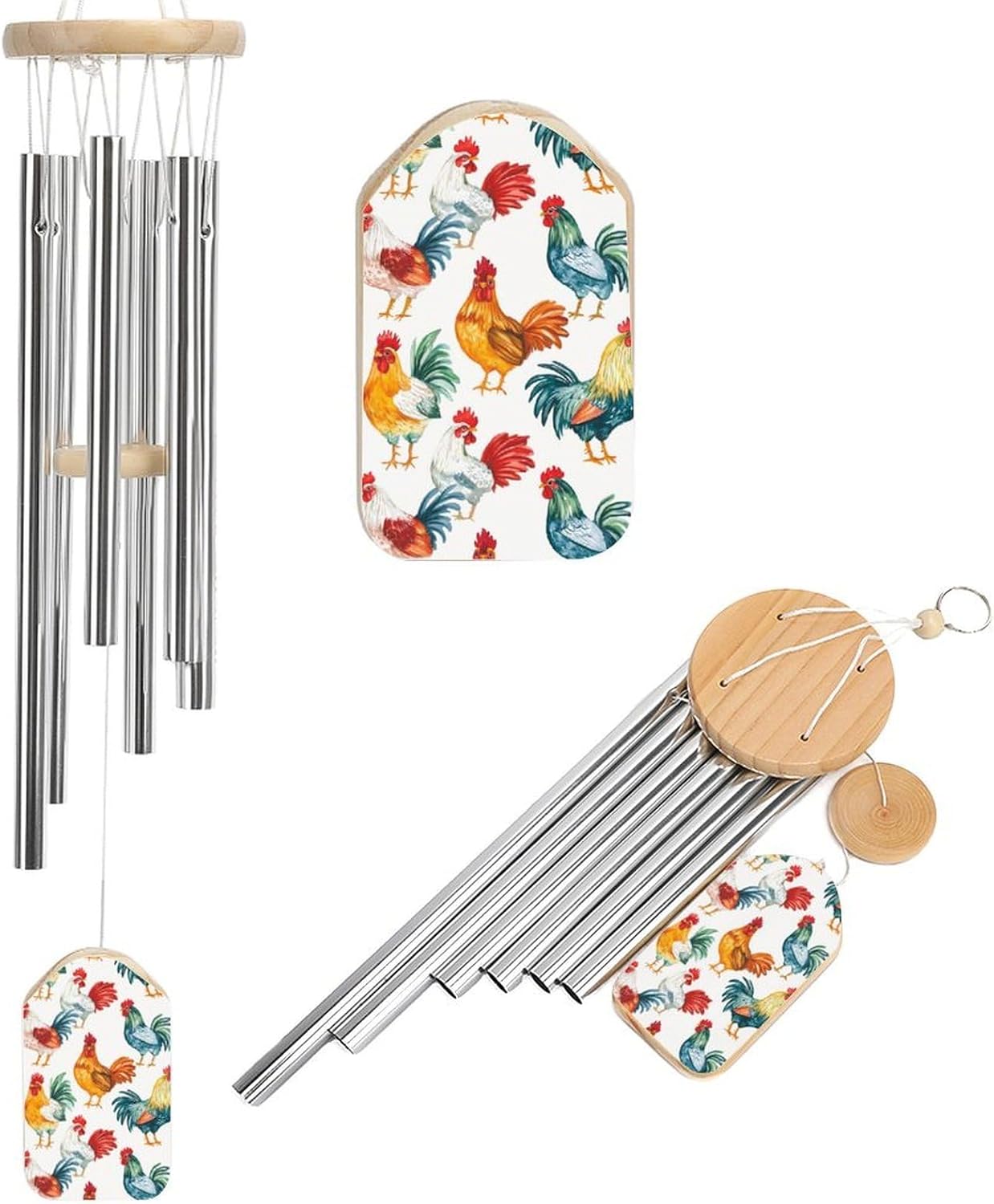 Watercolor Roosters Cock Wooden Wind Chimes Deep Tone Memorial Windchime for Outside Garden Home Decoration