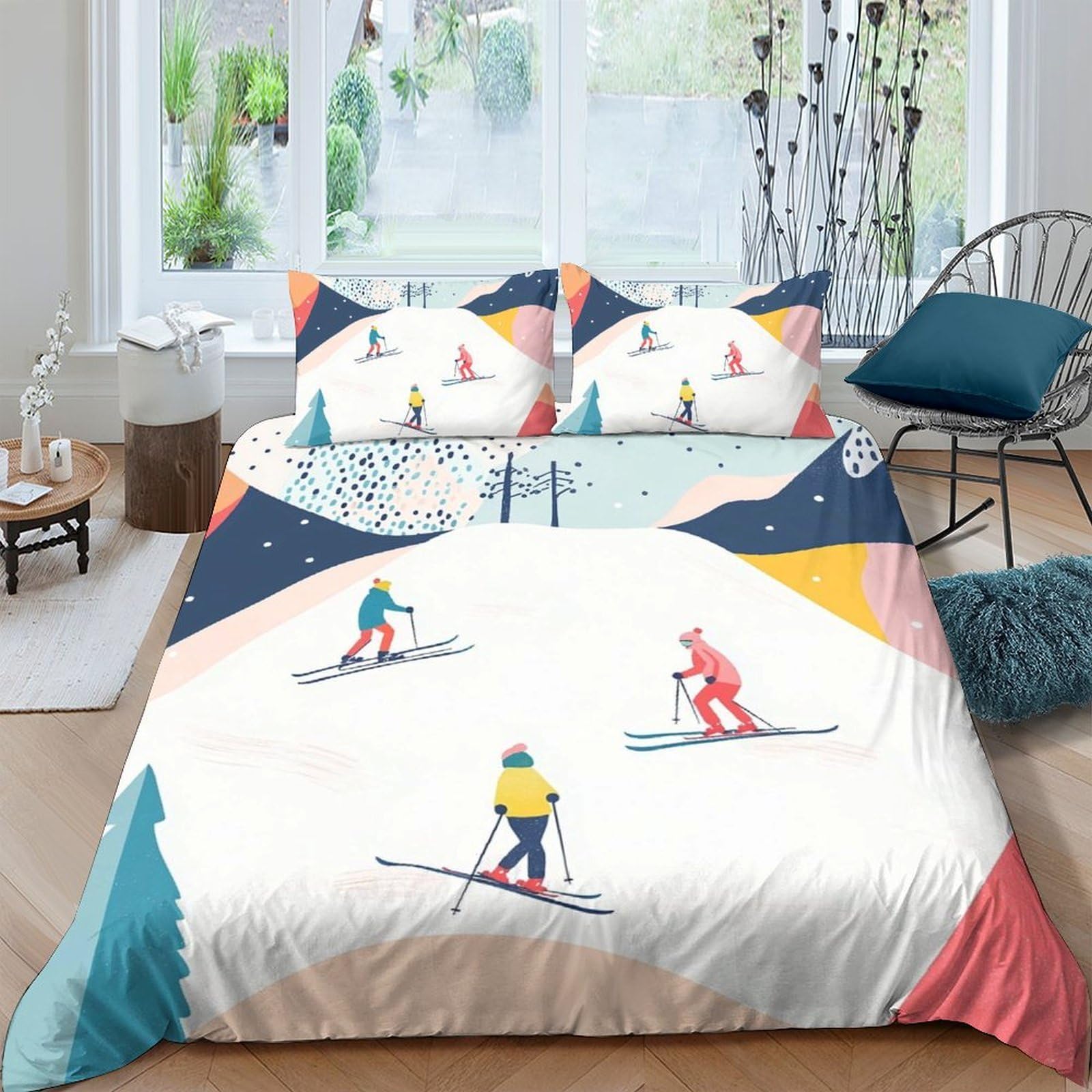 Ctjqhvkz Style-10 3D Printed Ski Resort Fitted Sheet Microfiber Soft Breathable Winter Sports Bed Cover For Bedroom Guest Room Home Decor Single（135X200cm）
