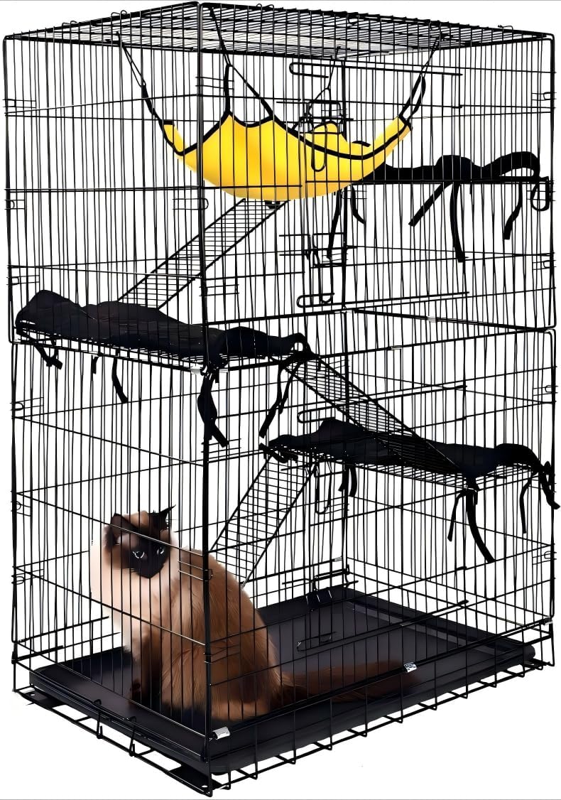 3-Tier Indoor Cat Cage, Large DIY Cat Crate & Cat Kennel with 3 Cat Beds and 2 Front Doors, Metal Fence with Ladder and Hammock, Suitable for Rabbits, Squirrels, Cats to Play and Rest