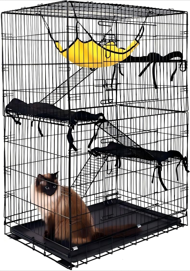 3-Tier Indoor Cat Cage, Large DIY Cat Crate & Cat Kennel with 3 Cat Beds and 2 Front Doors, Metal Fence with Ladder and Hammock, Suitable for Rabbits, Squirrels, Cats to Play and Rest