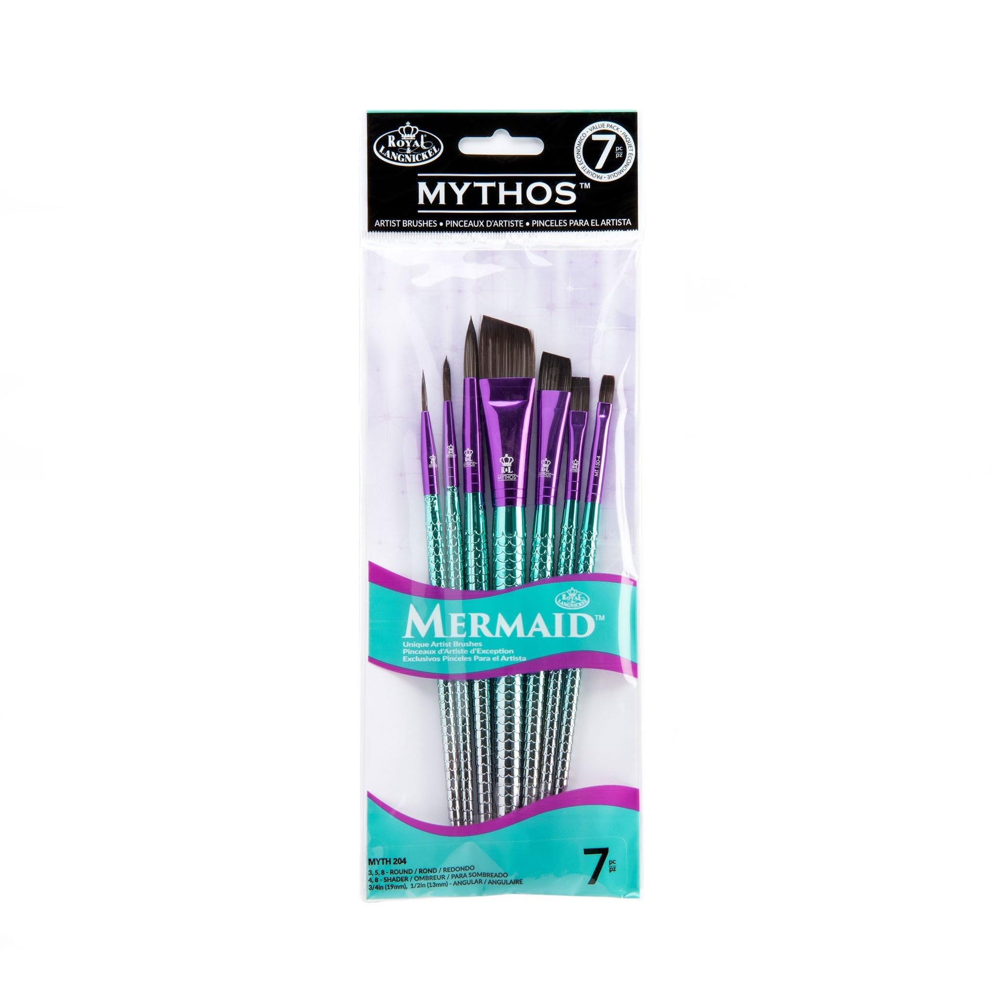 Royal & Langnickel Mythos, 7pc Mermaid 204 Variety Craft Brush Set for All Painting Mediums, Includes - Angular, Shader & Round Brushes Teal