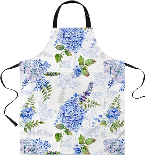 Delantales con peto de flores azules con bolsillos, impermeable, delantal ajustable para hombres y mujeres, primavera, floral, acuarela, verano,
