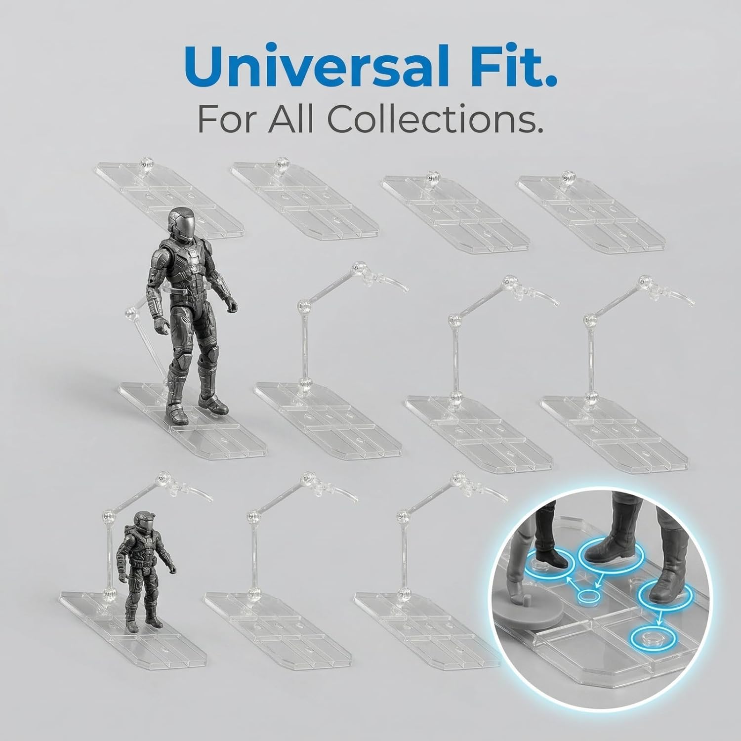 Action Figure Stand, 10 Sets Transparent Acrylic Adjustable Display Holder with Sturdy Base, for 6in Anime Figures SD BB Doll Model Collection