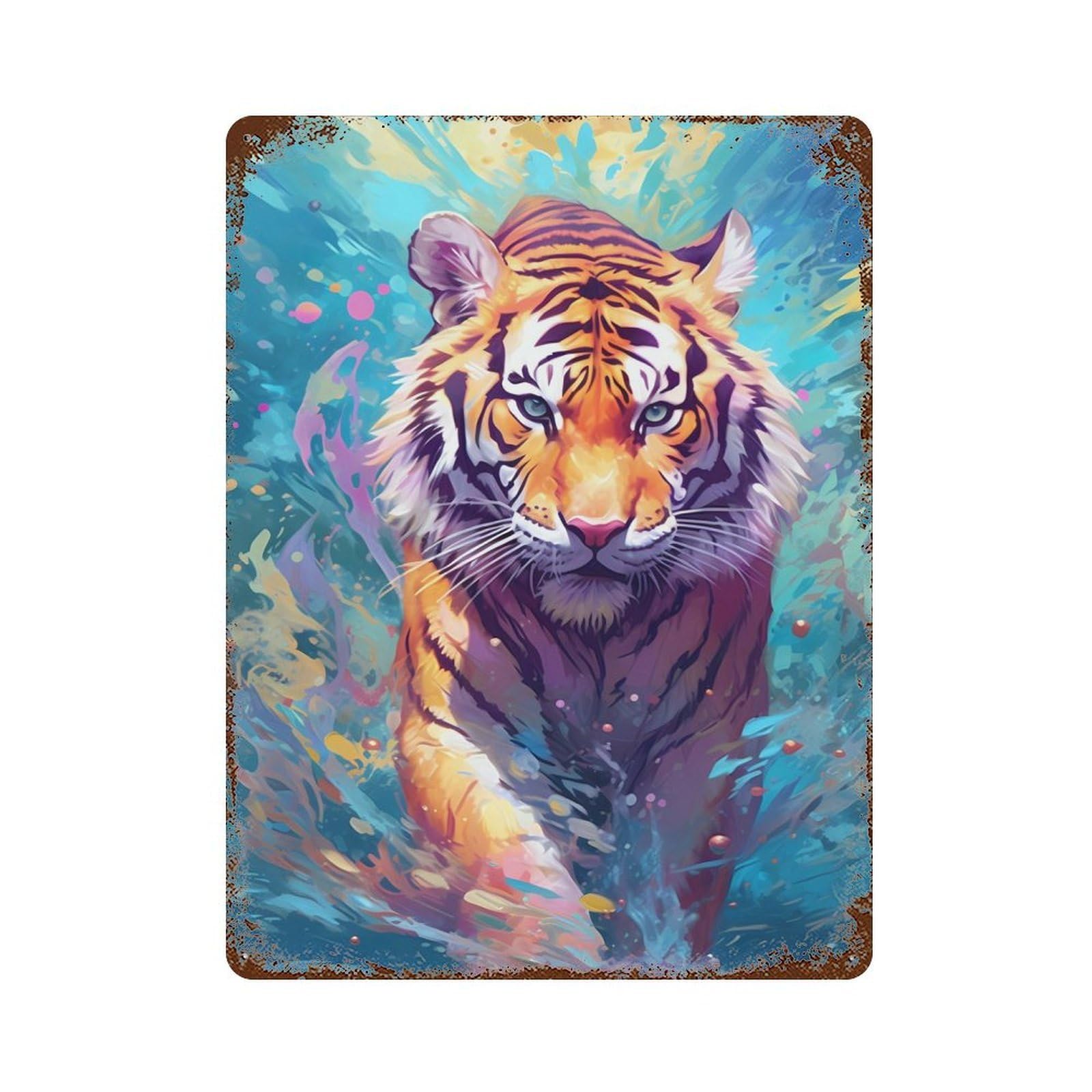 Rust Effect Tiger Water Distressed Metal Wall Sign 15.7"x11.8", Decorative Metal Wall Art for Living Room, Hallway And Home Decor
