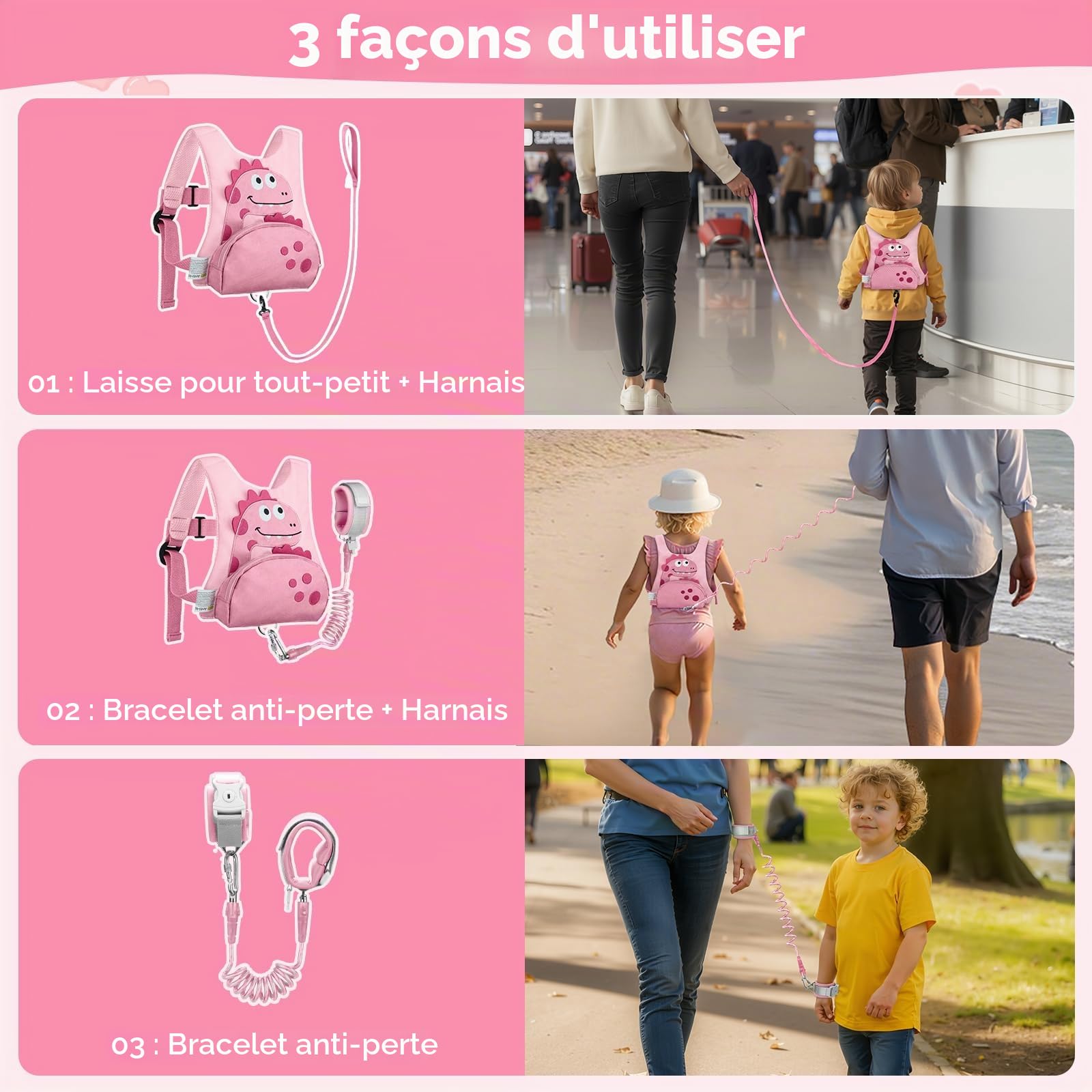 Dr.meter Laisse pour Enfant, 3 en 1 Sac à Dos Anti-Perte avec Laisse Rotative à 360° de 1,2M Rose Dinosaure Mignon avec Serrure, Equipement de Sécurité pour L'extérieur