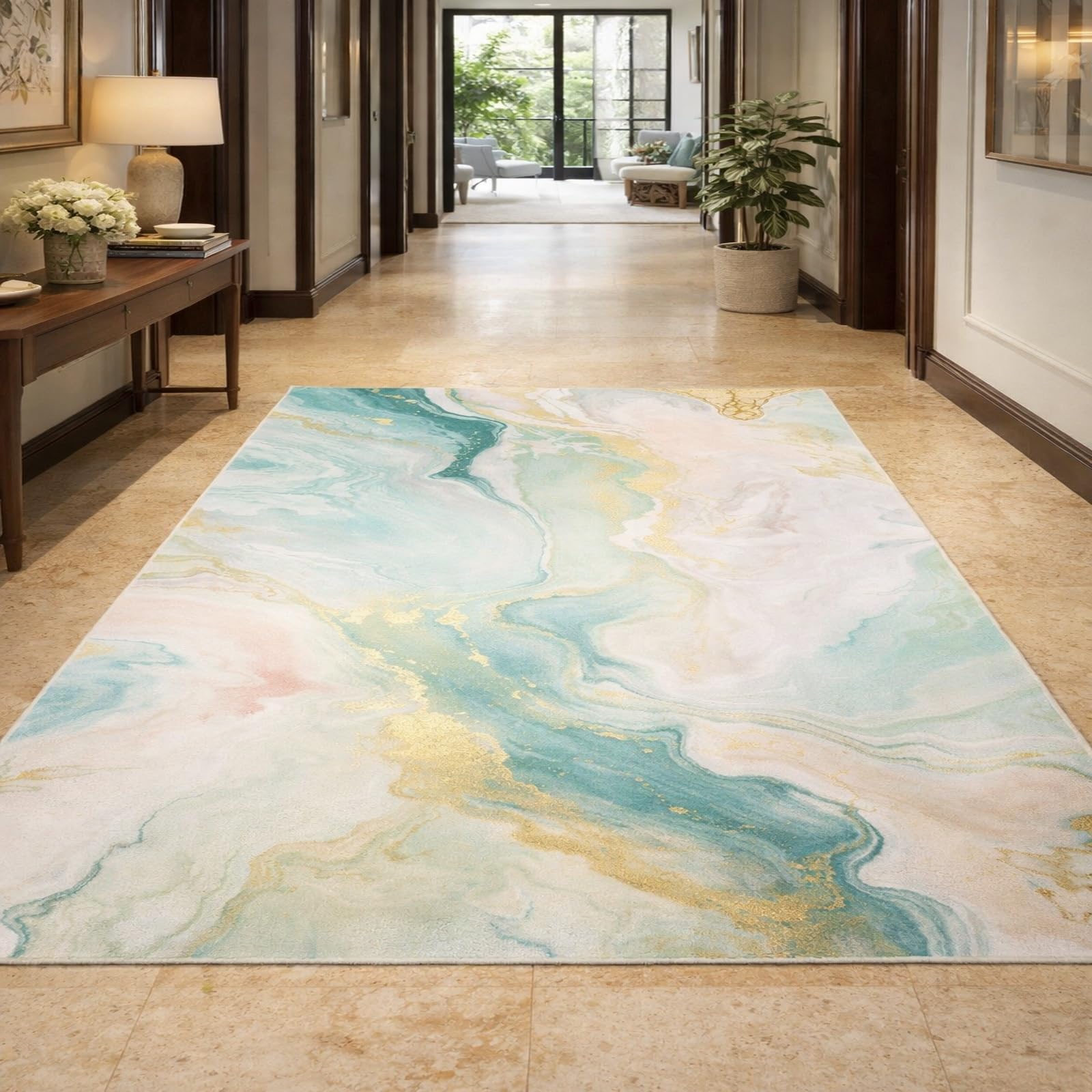 Tapis salon abstrait lavable en machine 150x150 cm vert et jaune