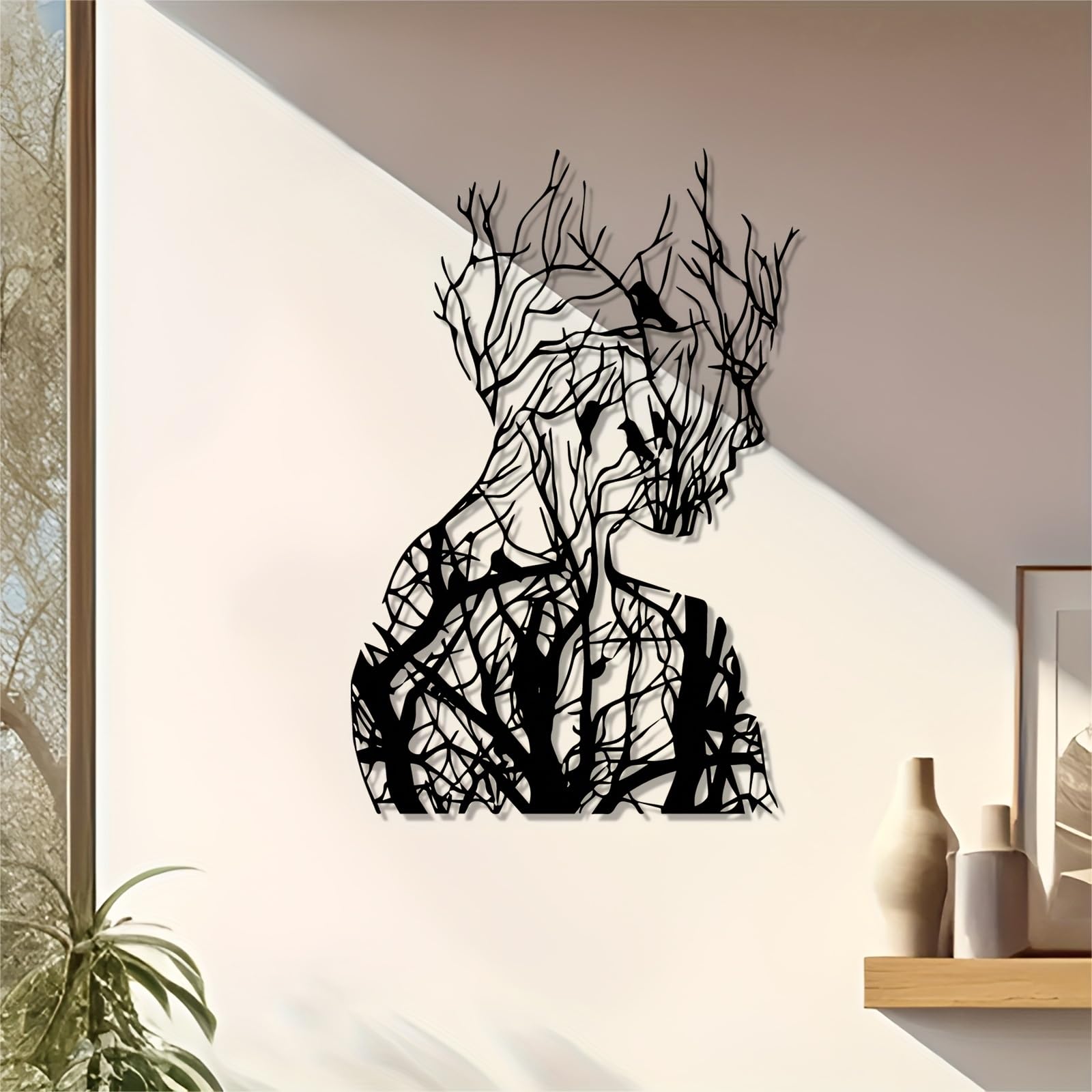 Decoración de pared abstracta contemporánea de metal con rostro humano, diseño de ramas y hojas, mural de escultura de hierro artística moderna para interiores y exteriores, jardín, patio, sala d