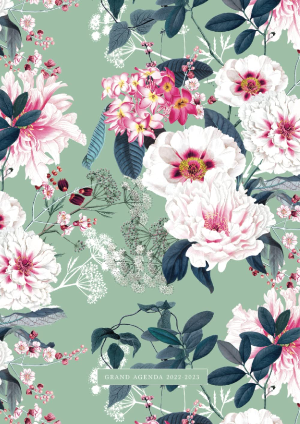 Agenda 2022-2023 Semainier, grand format A4: de Juillet 2022 à Juin 2023, une semaine sur 2 pages, journées divisées par heure, vues mensuelles et ... 21 x 29,7cm, motif floral romatique vert rose