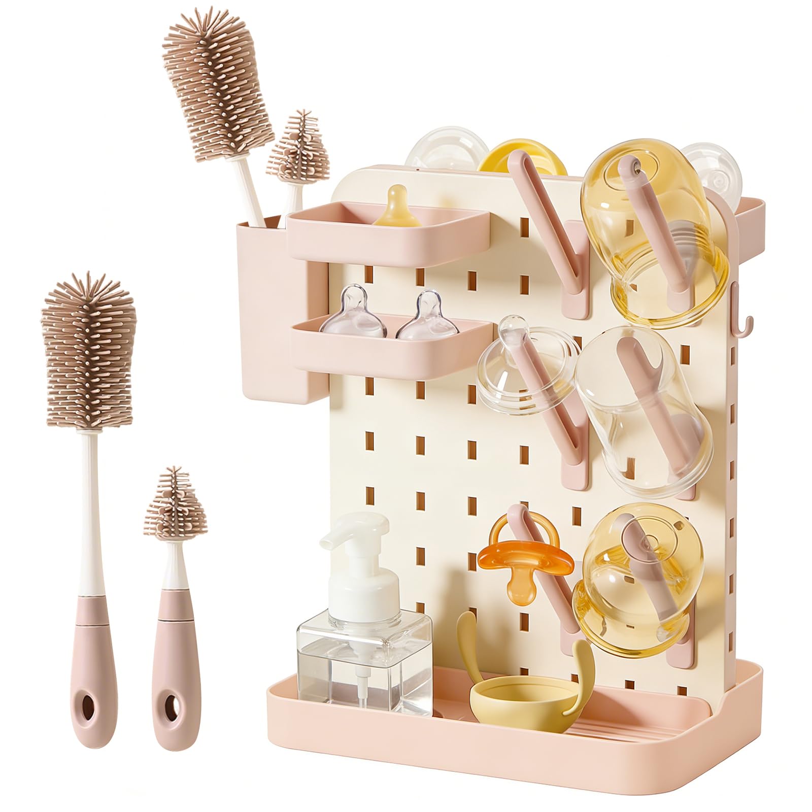 auvstar Trockenständer Babyflaschen mit Flaschenbürsten Set,Abtropfgestell Flaschen Baby,Platzsparender Flaschentrockner Baby,Babyflaschenhalter Trockengestell mit Abtropfschale,BPA Frei (Rosa)