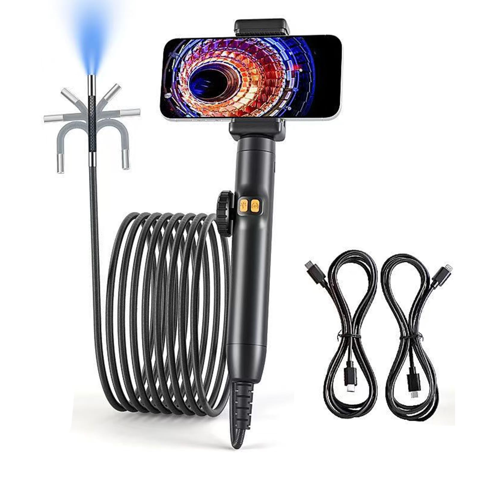 Cámara de inspección endoscópica de doble lente, cámara endoscópica articulada de 360°, endoscopio con luz, lente de 6 mm, sonda impermeable IP67, 6 LED, para HVAC, fontanería, automoción, eléctrico
