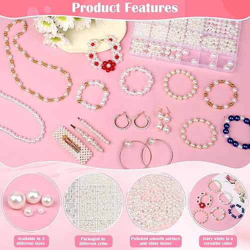 Miniatura 4 de 1824 cuentas de perlas para la fabricación de joyas, 5 tamaños mezclados de 0.157 in, 0.236 in, 0.315 in, 0.394 in y 0.472 in para manualidades,