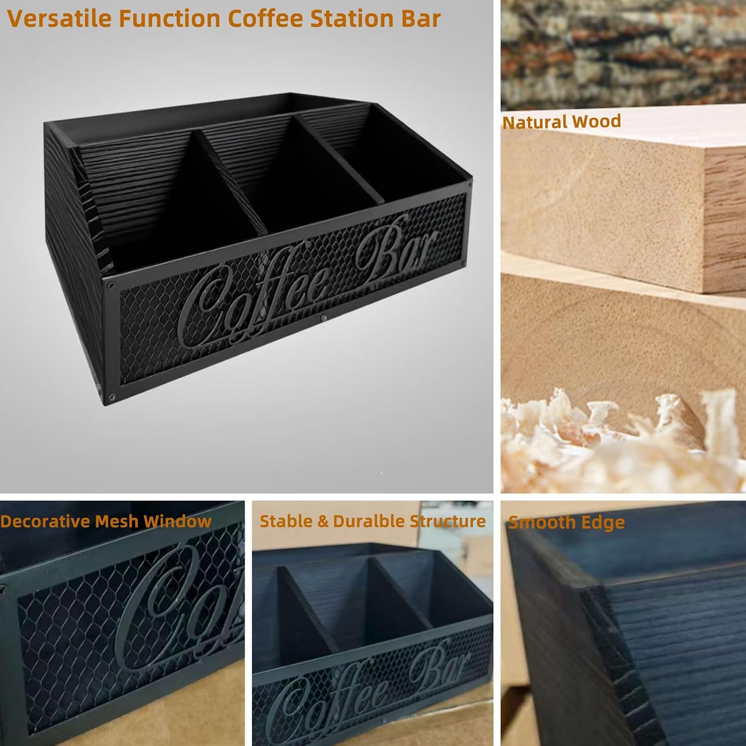 Coffee Station Organizer, Rustic Countertop Coffee Bar Accessories, 4 Compartments for Pods, Syrup, Stirrer, Tea Bags - Coffee Condiment Station Storage for Home and Office - Black