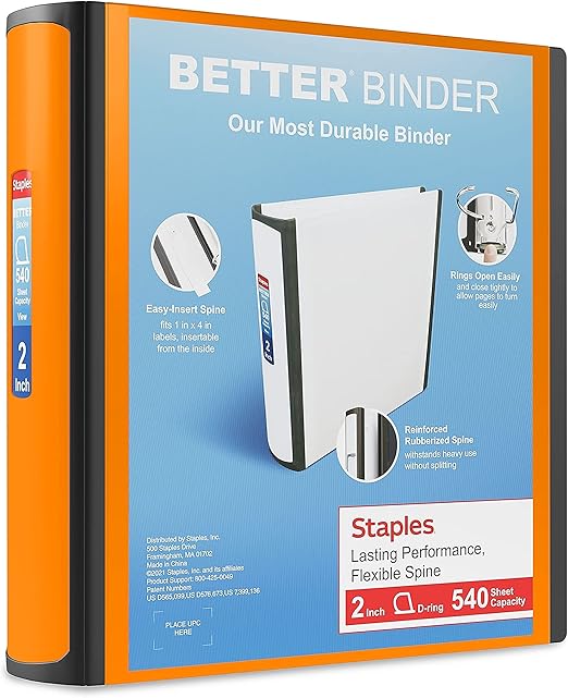 Staples 2inch 3Ring Better Binder, Bright Orange, 2/Pack
