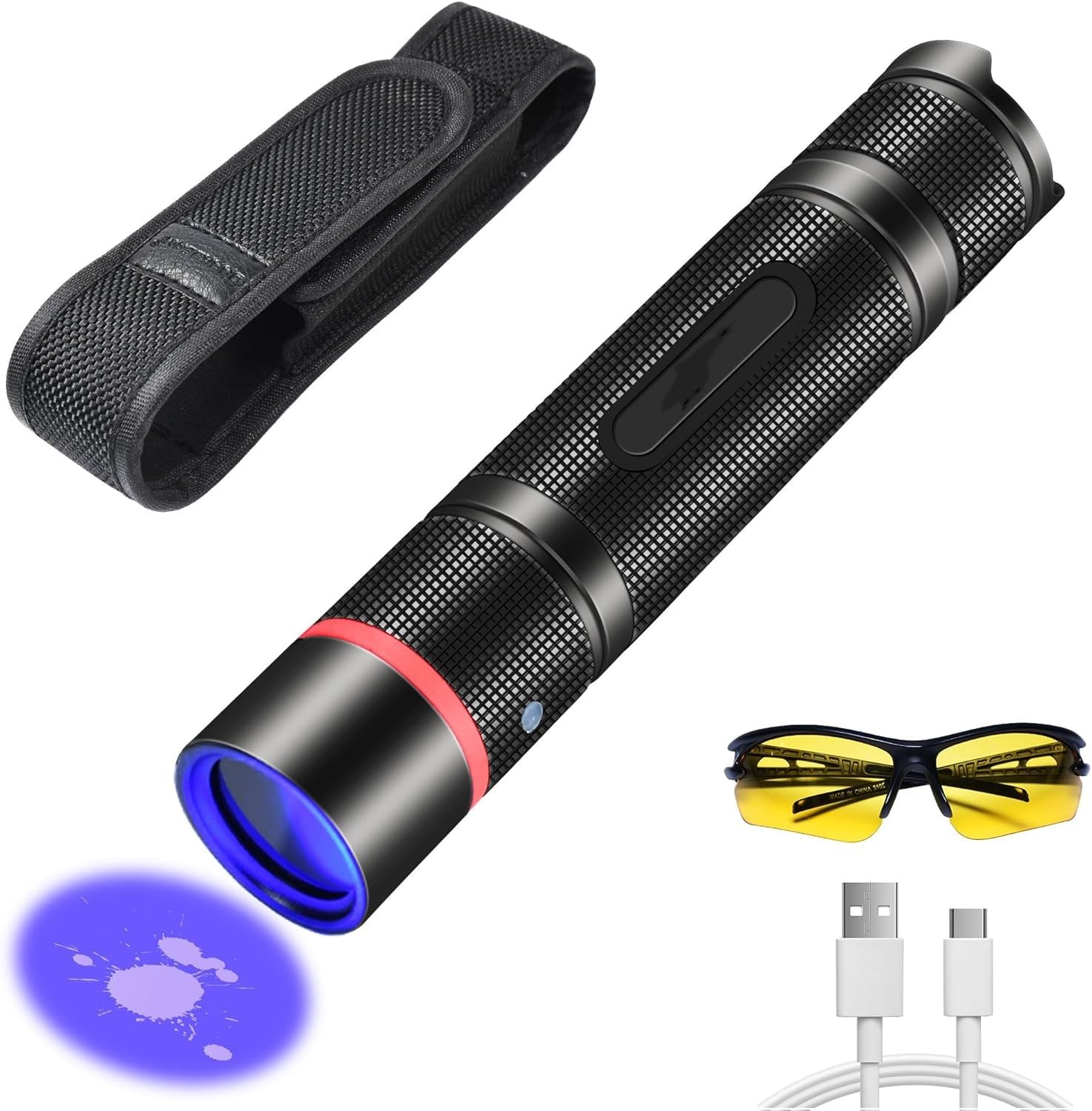 UV Flashlight 365nm Black Light, Powerful Mini Rechargeable LED Ultraviolet Flashlight with UV Protective Glasses – Ideal for Pet Urine Detection, Resin Curing, Mineral Glowing, and AC Leak Detection