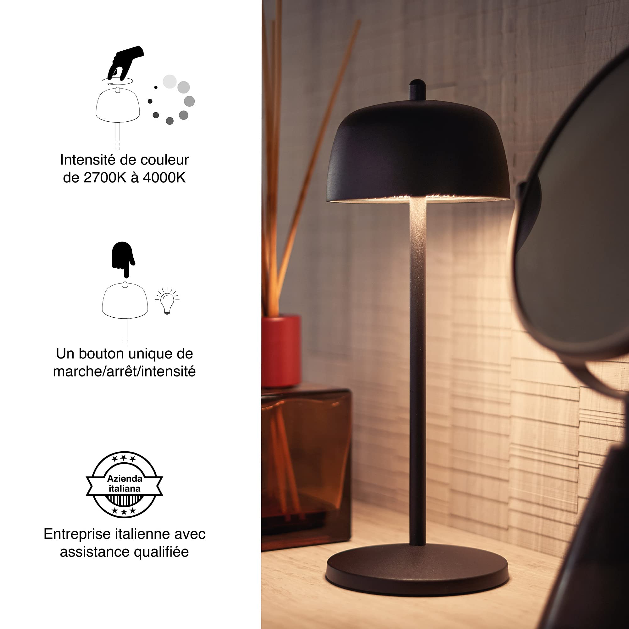 Theta 6x Lampe de Table LED Sans Fil Rechargeable - Abat Jour Lampe Dimmer de Restaurant et HO.RE.CA - Éclairage Intérieur et Extérieur IP65, 2700 - 4000K, 9-24h. LVL (Noir)