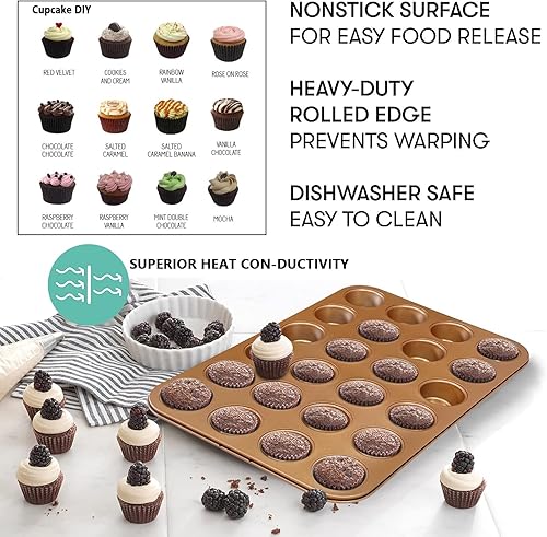 Miniatura 4 de RavisingRidge Molde para magdalenas antiadherente para hornear, mini molde profesional ultrathick para 24 tazas, bandeja de lata dorada para