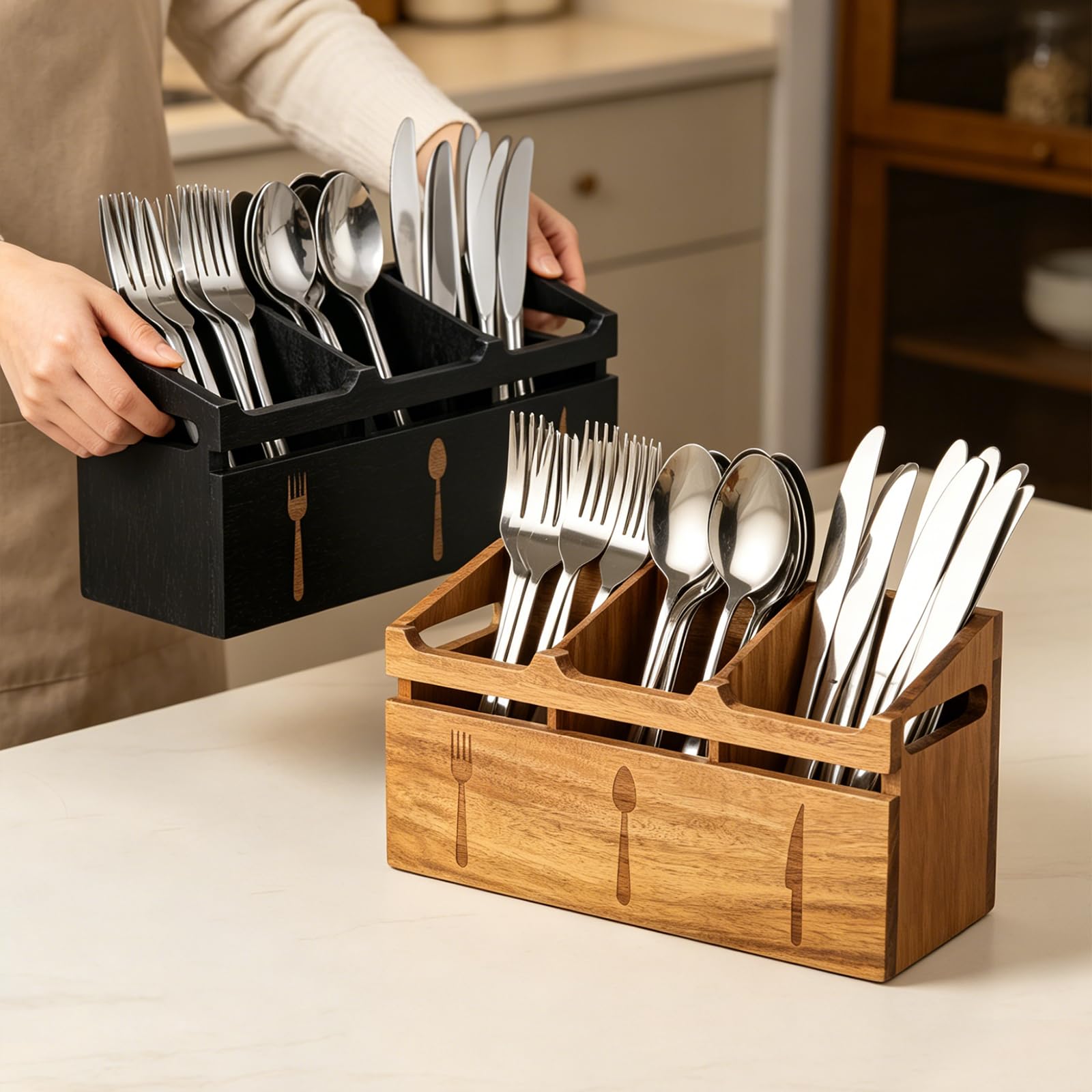 Acacia Wood Flatware Caddy - 3 Compartment Organizer -9