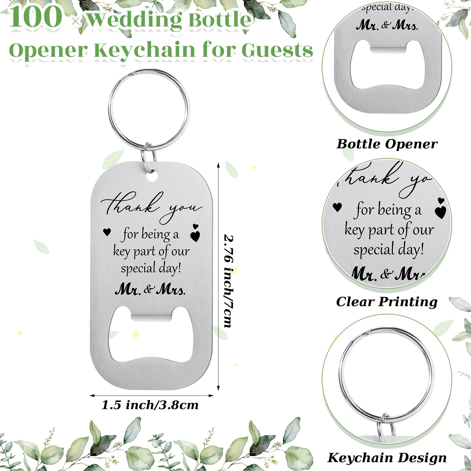 FoldTier Portachiavi con apribottiglie per gli ospiti, regalo di nozze per ospiti, apribottiglie, portachiavi, biglietti di ringraziamento e sacchetto in organza, bomboniere per ospiti, addio al