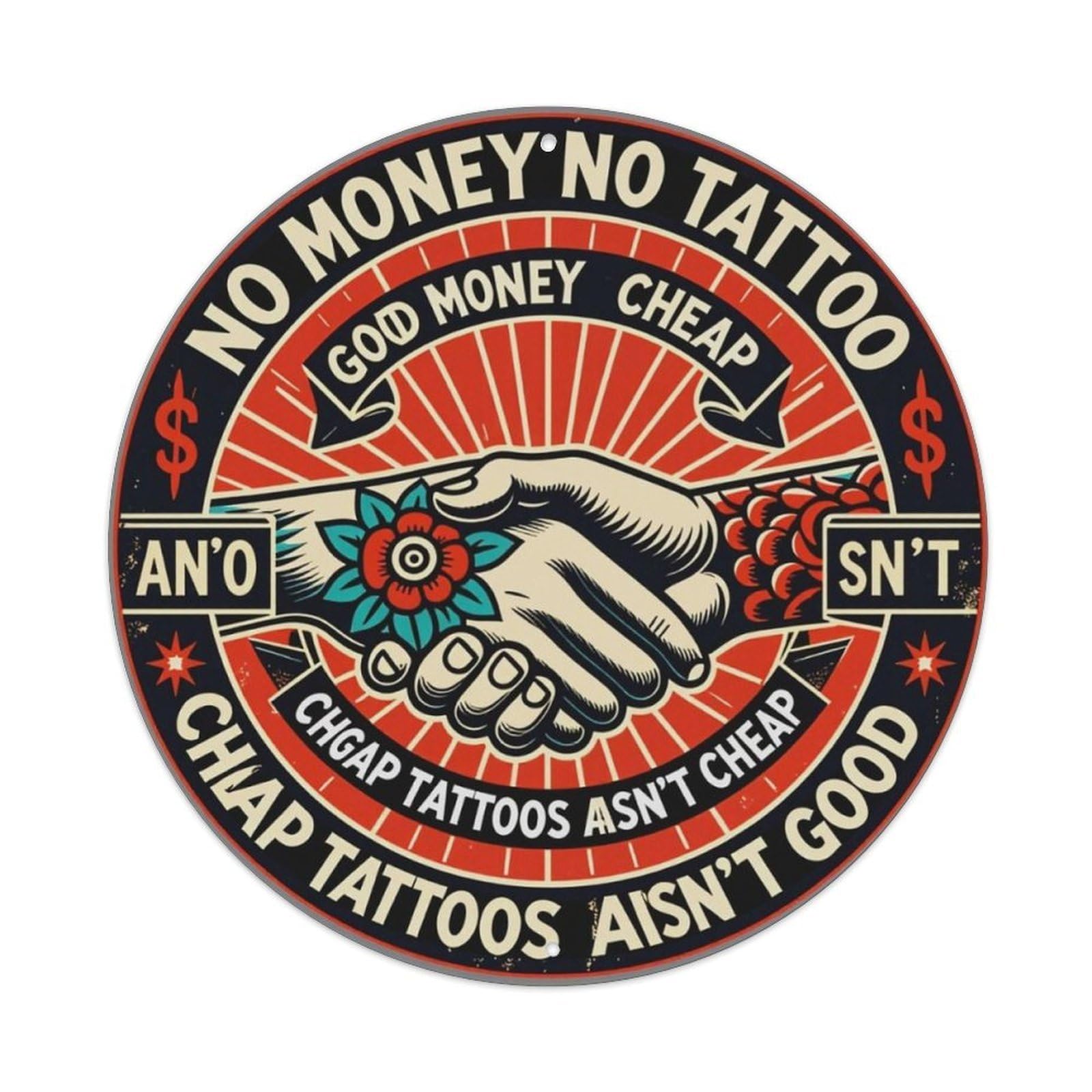 Vintage American Tattoo Shop Handshake Round Wall Decor Sign Vintage Aluminium Metal Sign, Retro Wall Decor for Home, Bar, Garage & Farmhouse 20x20cm