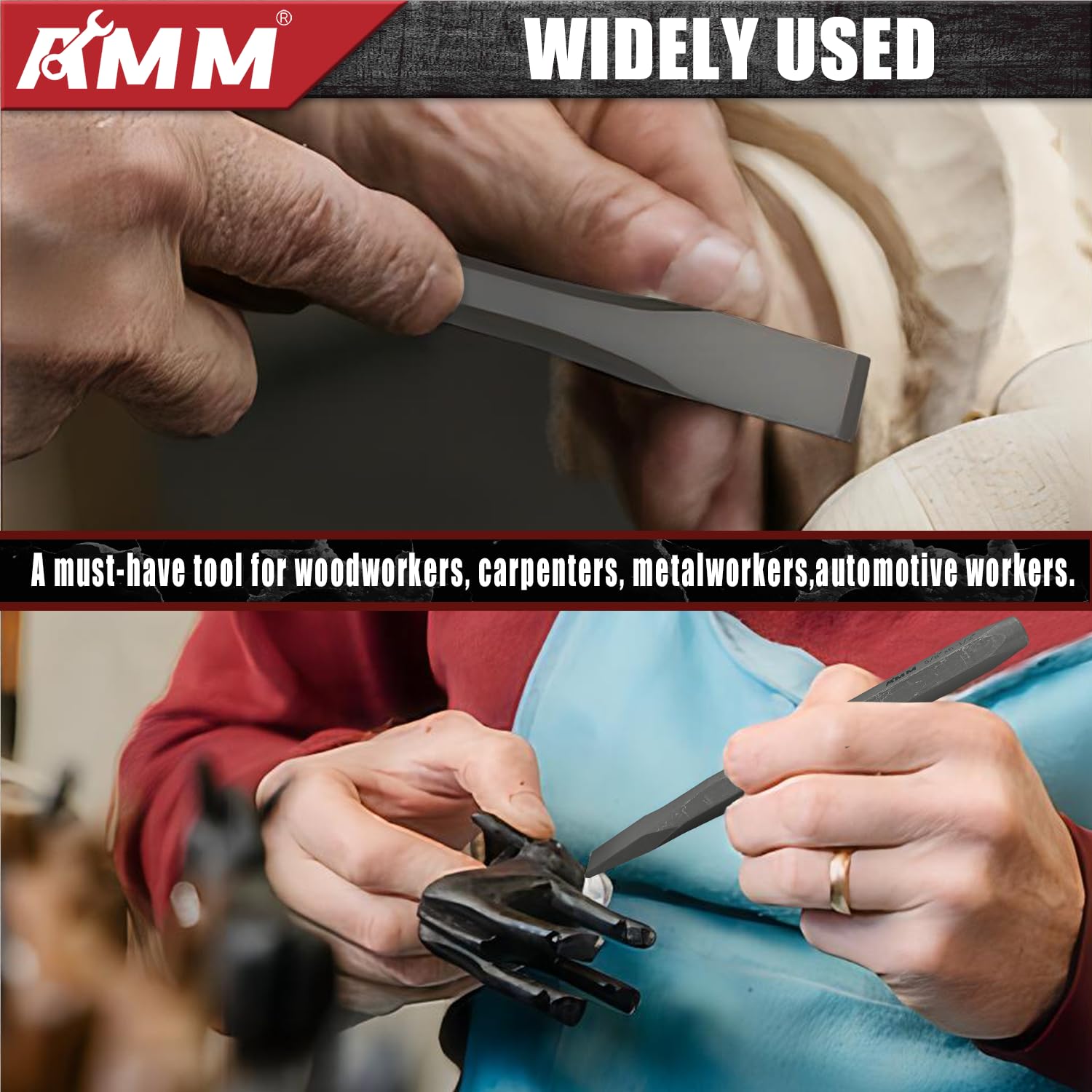 AMM Juego de 16 perforadores y cinceles, incluyendo punzón cónico, cinceles fríos, punzón de pin y perforador central, Cr-V, ideal para trabajar con madera, metal, automoción