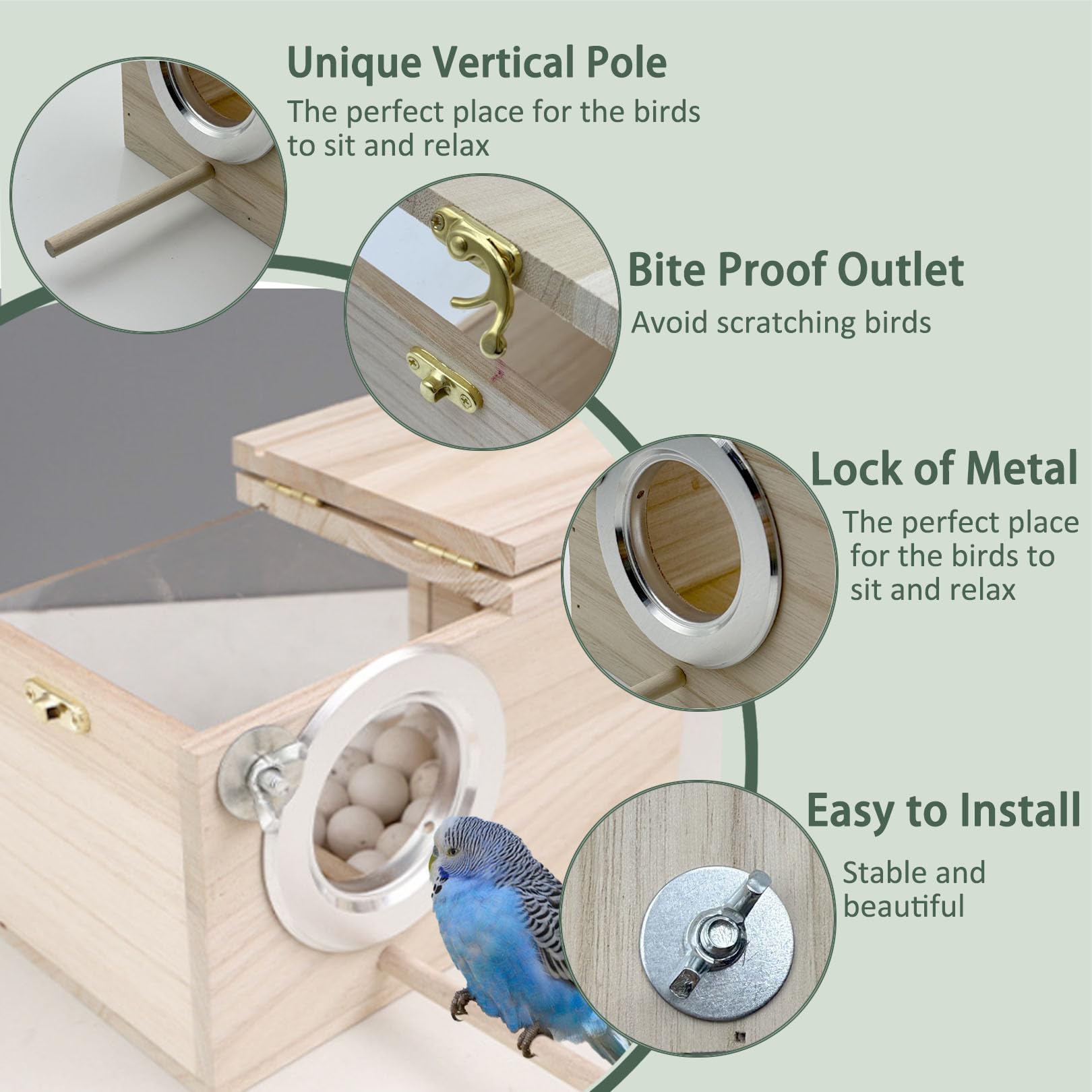 Caja nido para periquitos, caja de cría transparente de 7.87 x 4.72 x 4.72 pulgadas, caja de cría de nido de pájaros con perca, caja de apareamiento para loros, pajarera de madera para jaula