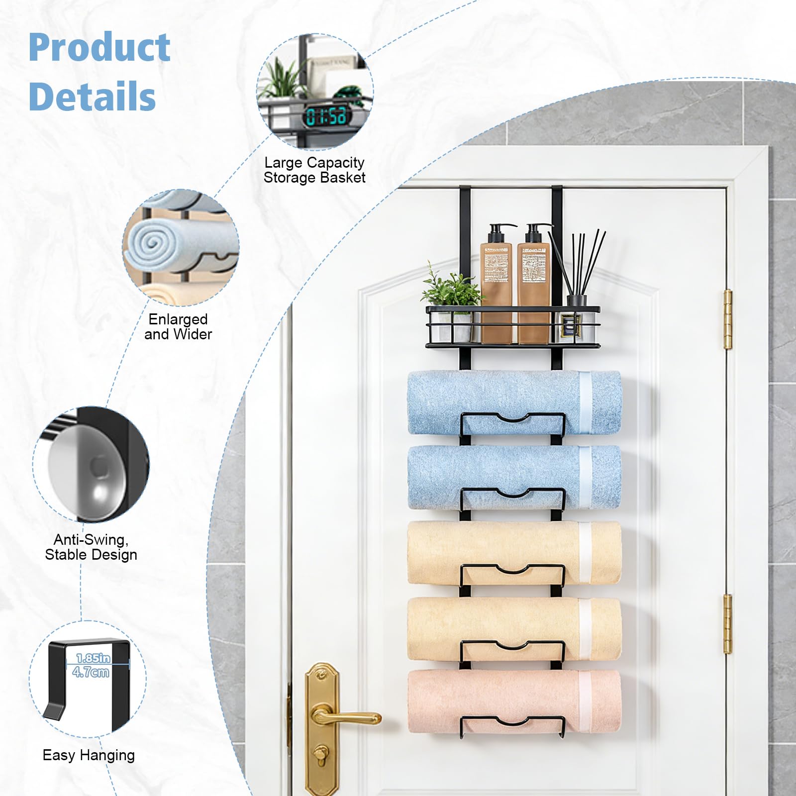 Toallero para colgar sobre la puerta, toallero de baño de 6 niveles con cesta de almacenamiento, organizador de toallas enrollado para el hogar y el hotel