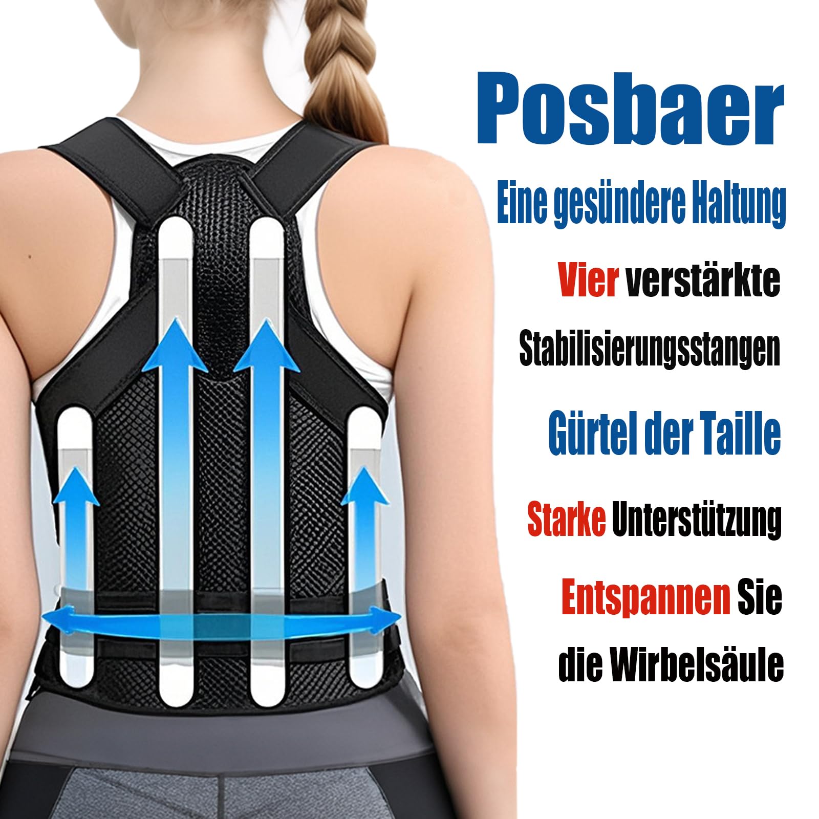 Rücken Geradehalter Bequem und Verstellbar Rückenstützgürtel, Haltungskorrektur Rücken herren damen, Öffne deine Schultern (Schwarz 16, M)