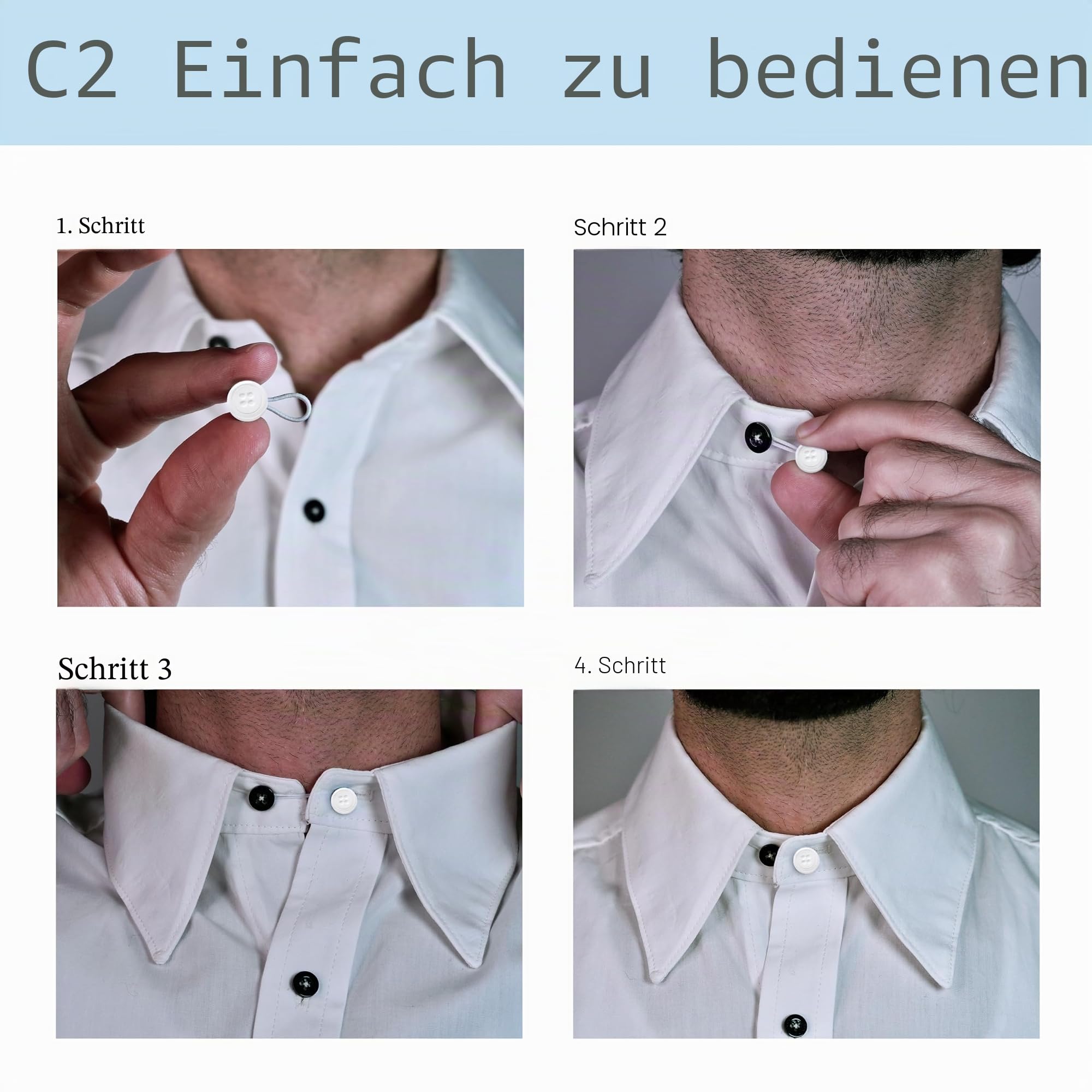 C2 5 Stück Hemdknopf-Erweiterungen, Weiß & Schwarz - Gemischte Größen - Fügt bis zu 3 Größen hinzu (1,3-2,5 cm) - 10 mm Knöpfe (16L) - Elastische Kragen & Manschettenverlängerung (S/M/L)