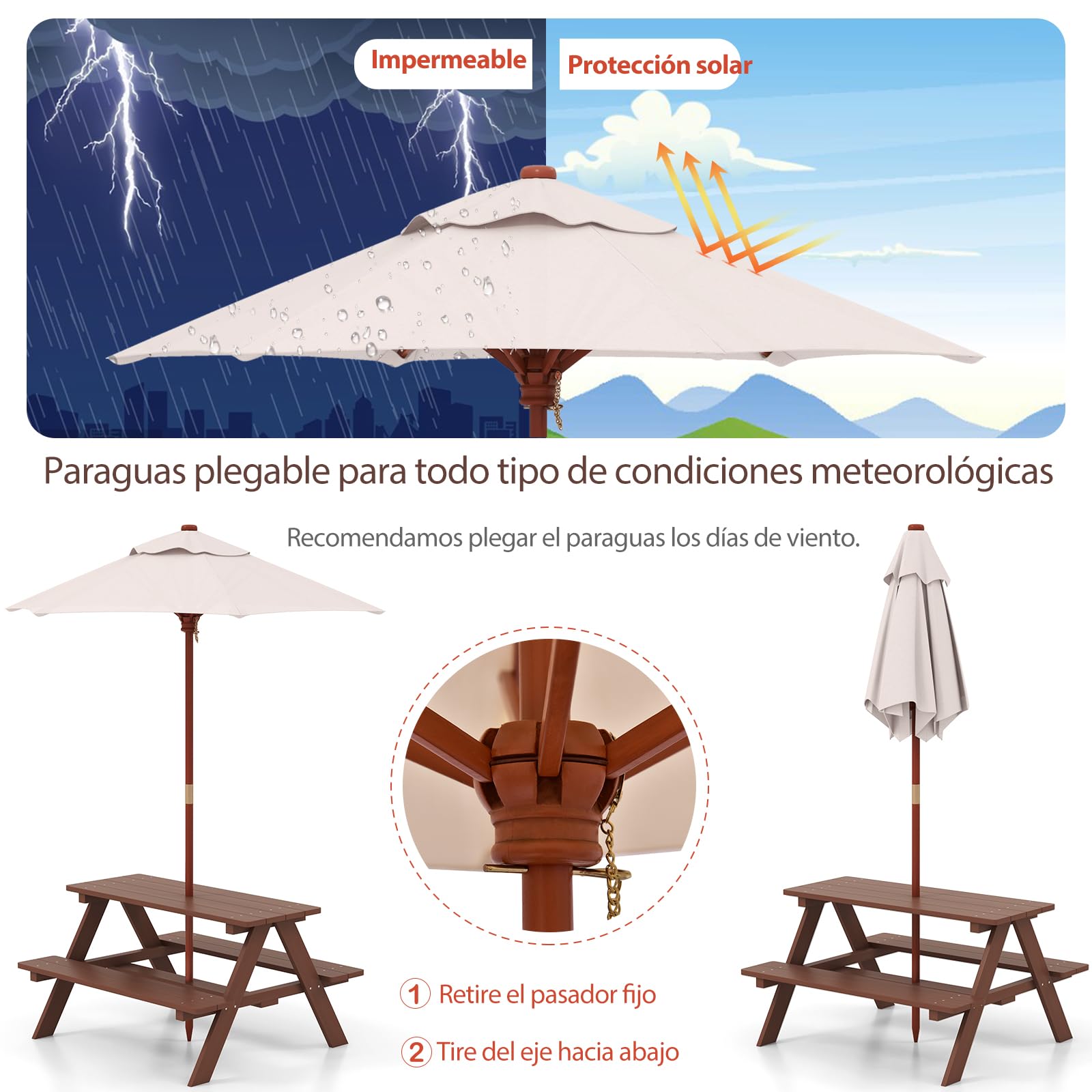 SOARS Mesa de Picnic para Niños con 2 Bancos de Madera Maciza, Conjunto de Asientos Infantiles con Sombrilla, Mesa y Banco de Jardín, Conjunto de Muebles Infantiles para Jardín, Patio