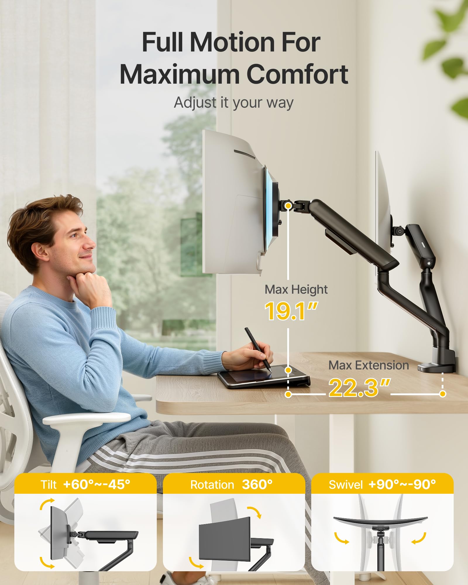 monTEK Braccio doppio monitor con USB per schermi da 17-35" | Molla meccanica, ognuna può contenere fino a 12 kg, morsetto a C / passacavo da scrivania, VESA 75/100 mm