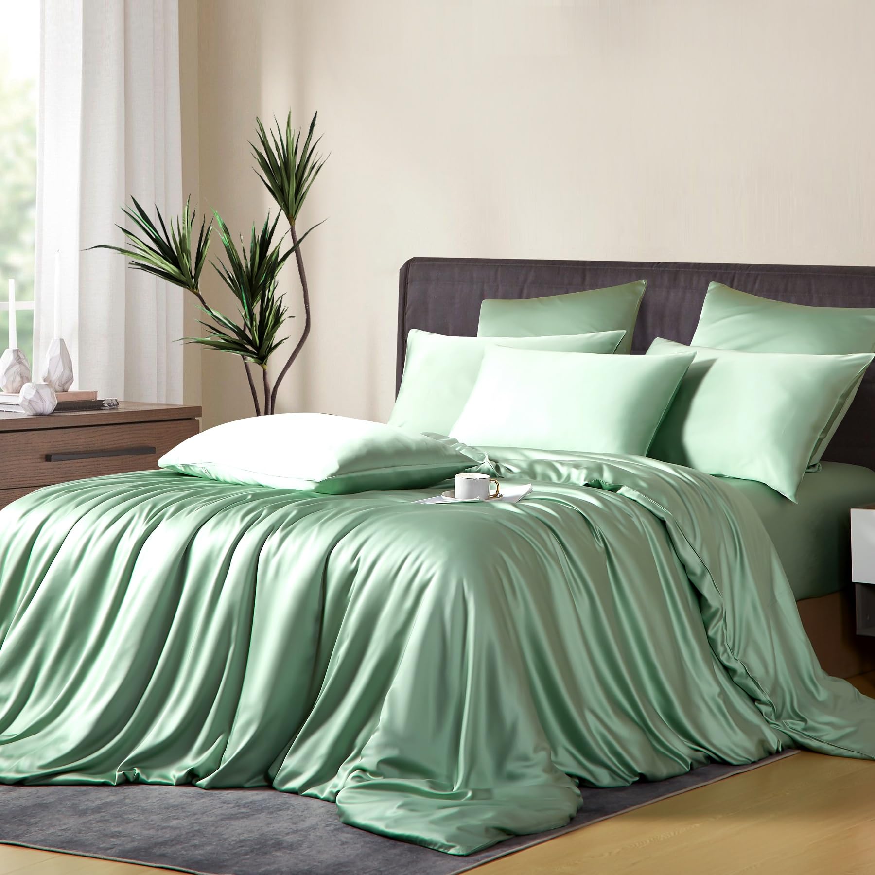 Set di biancheria da letto in bambù 155x220 Verde Tinta unita 50% Bambù Lyocell Lenzuola fresche morbide traspiranti lussuose seta set di copripiumino 3 pezzi con cerniera e 2 federe 80x80 cm