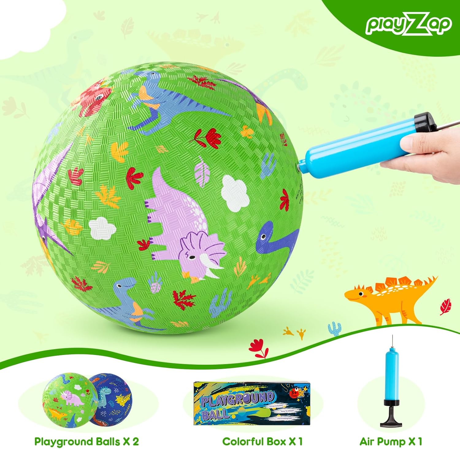 PlayZap 2 Pack Playground Balls for Toddlers, Dinosaur Kickballs for Kids 3-12, 8.5" Rubber Bouncy Balls with Pump, Indoor & Outdoor Dodgeball Toys for Boys & Girls Gifts