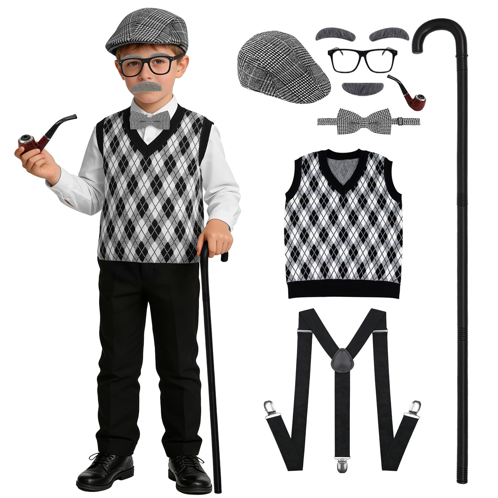 Disfraz de anciano para niños, 8 piezas, disfraz de abuelo de los 100 días de escuela de los años 20, sombrero, chaleco, bastón de corbata, disfraz divertido para Halloween, Día Mundial del Libro