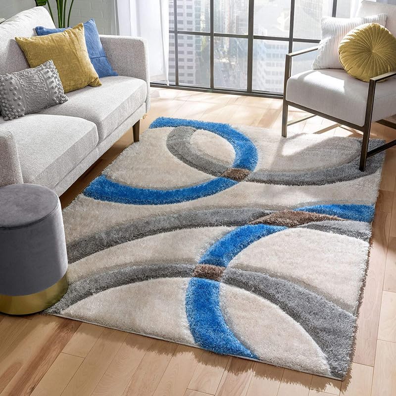 Image of Shaggy Area Rug for Living Room and Bedroom 8X10 FT Soft Plush Floor Carpet with Fluffy Texture, Modern Decorative Rug,Bedside and Indoor Spaces,Light-Blue-Grey-Ivory