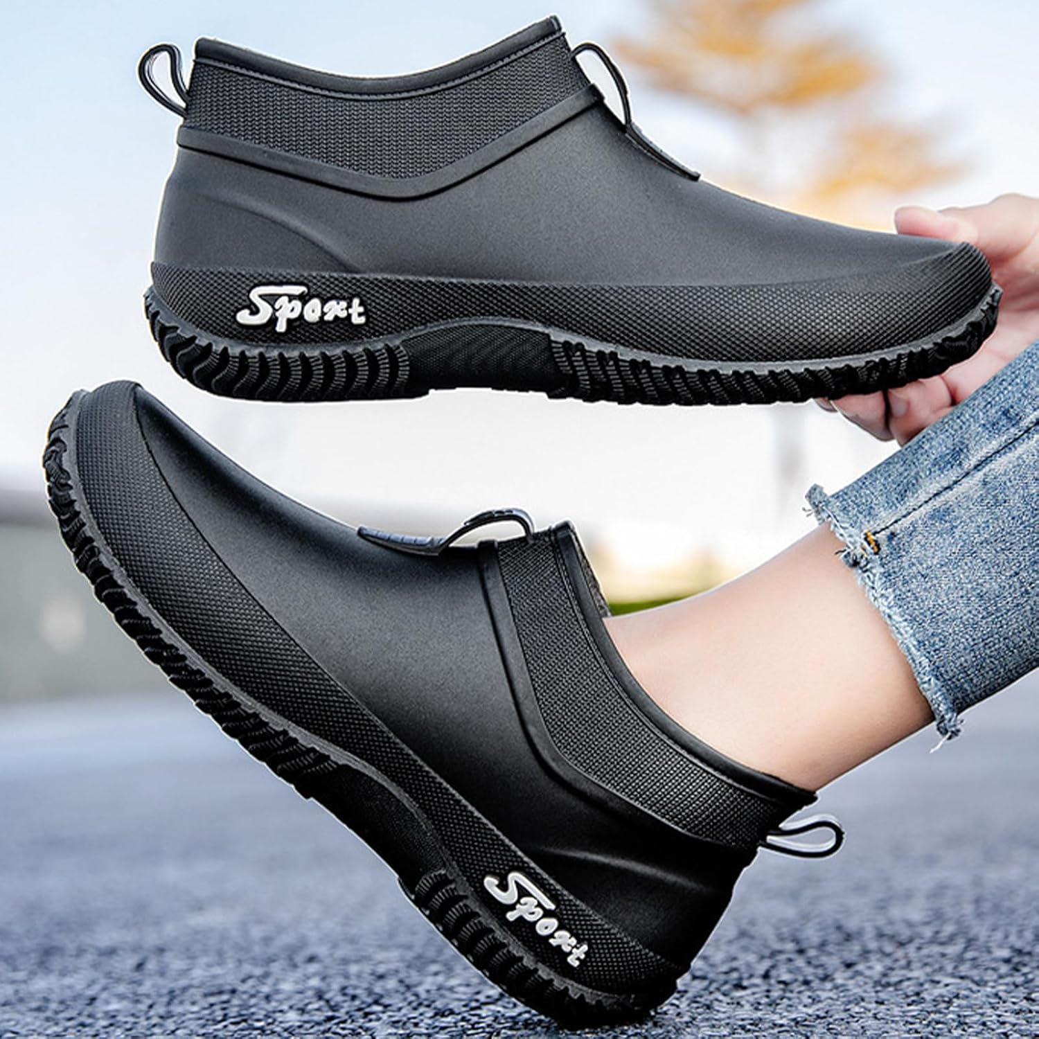 Women's Rubber Flat Low Top Rain Boot Fashion Round Wide Toe Waterproof Lug Sole Anti-Slip Slip on Deck Garden Shoes for Boating Camping Farming Outdoor Work - Image 2