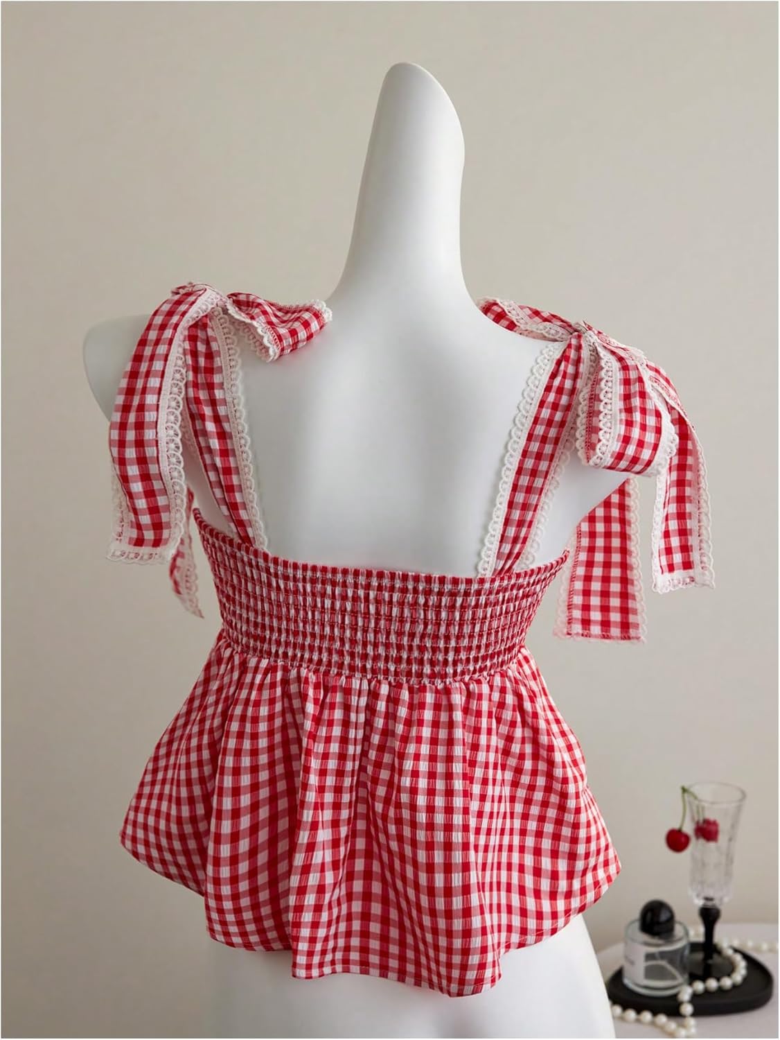 Milumia Women's Y2k Plaid Lace Trim Peplum Tank Top Square Neck Sleeveless Bow Tie Shoulder Tops Red and White Small - Image 4