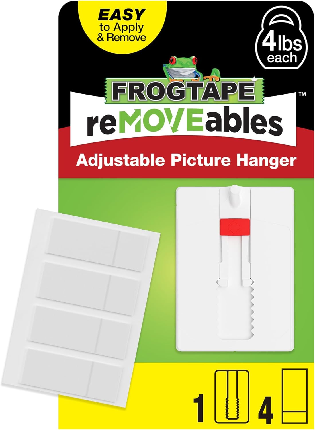 FrogTape reMOVEables Adjustable Picture Hanger - Holds up to 4 lbs, Includes 4 Adhesive Strips, White - Removable Damage Free Picture Hanging Kit Without Nails for Frames, Mirrors (Pack of 1)