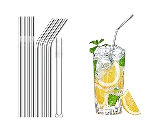 Reusable Metal Straws Set of 8 Stainless Steel Straw Ultra Long 8.5 Inch For Tumblers Cold Beverage (4 Straight|4 Bent|2 Brushes)