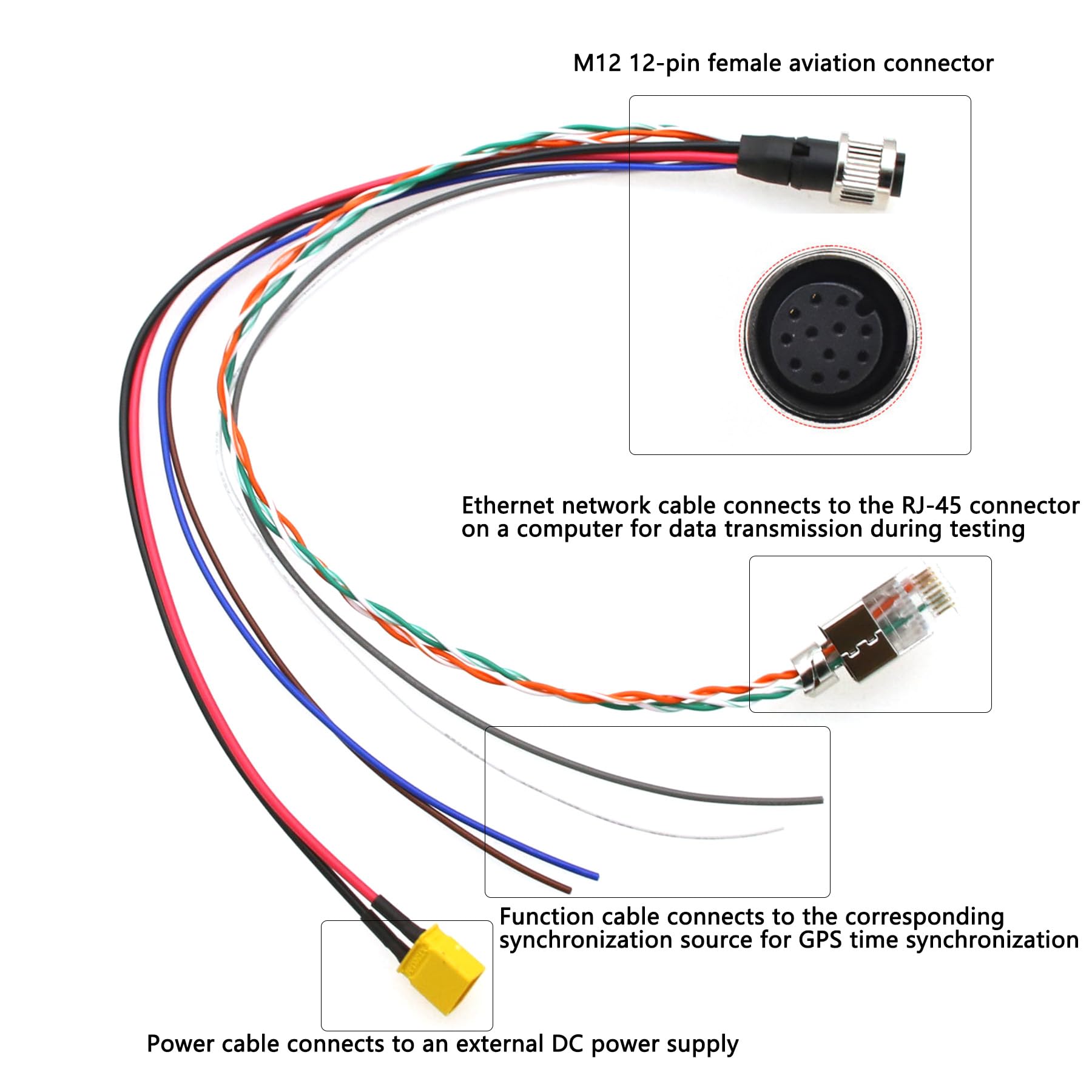 HangTon Kabel do debugowania zasilania Ethernet do DJI Livox Mid-360 Mid-70 Avia LiDAR, rozdzielacz 1 do 3, M12 Aviation 12-pinowy RJ45 XT30 latające przewody, 50 cm