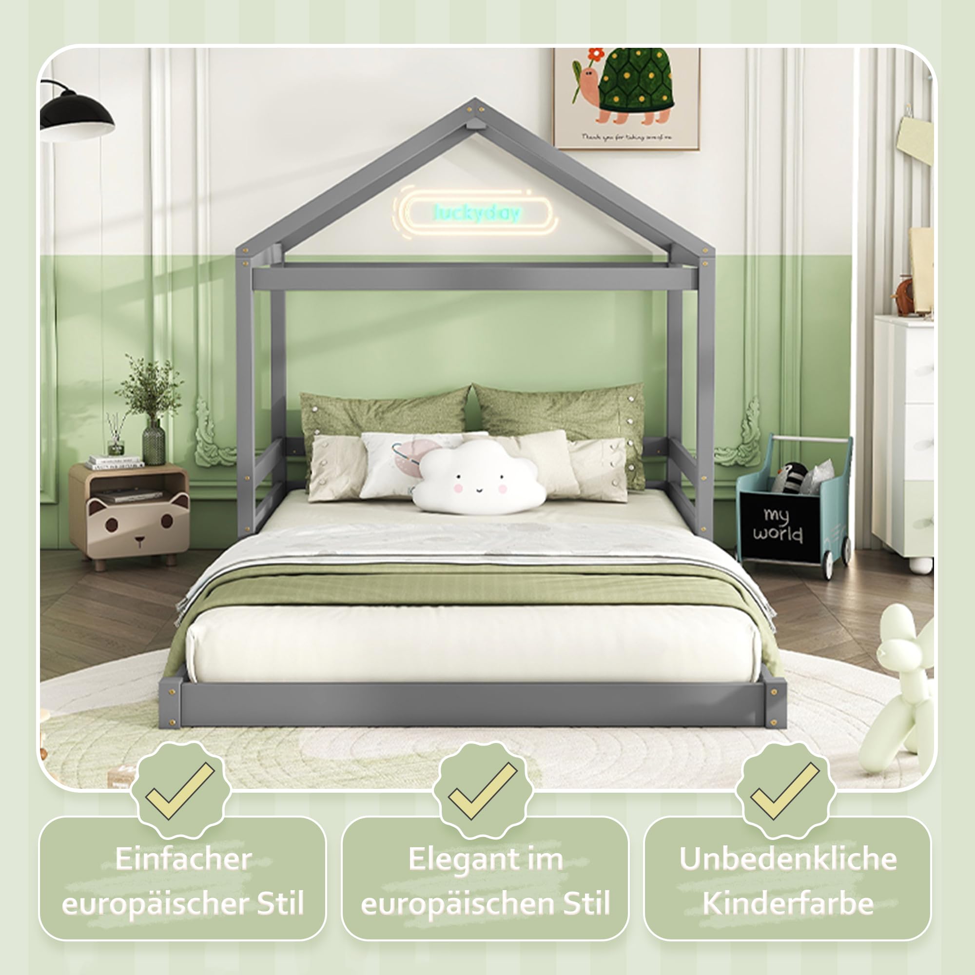 Kinderbett 140x200 cm, Bodenbett mit Hausform, Bettgestell mit Lattenrost | Ohne Matratze, Holzbett Bett für Kinder Jugendliche Kiefernholz+MDF Grau