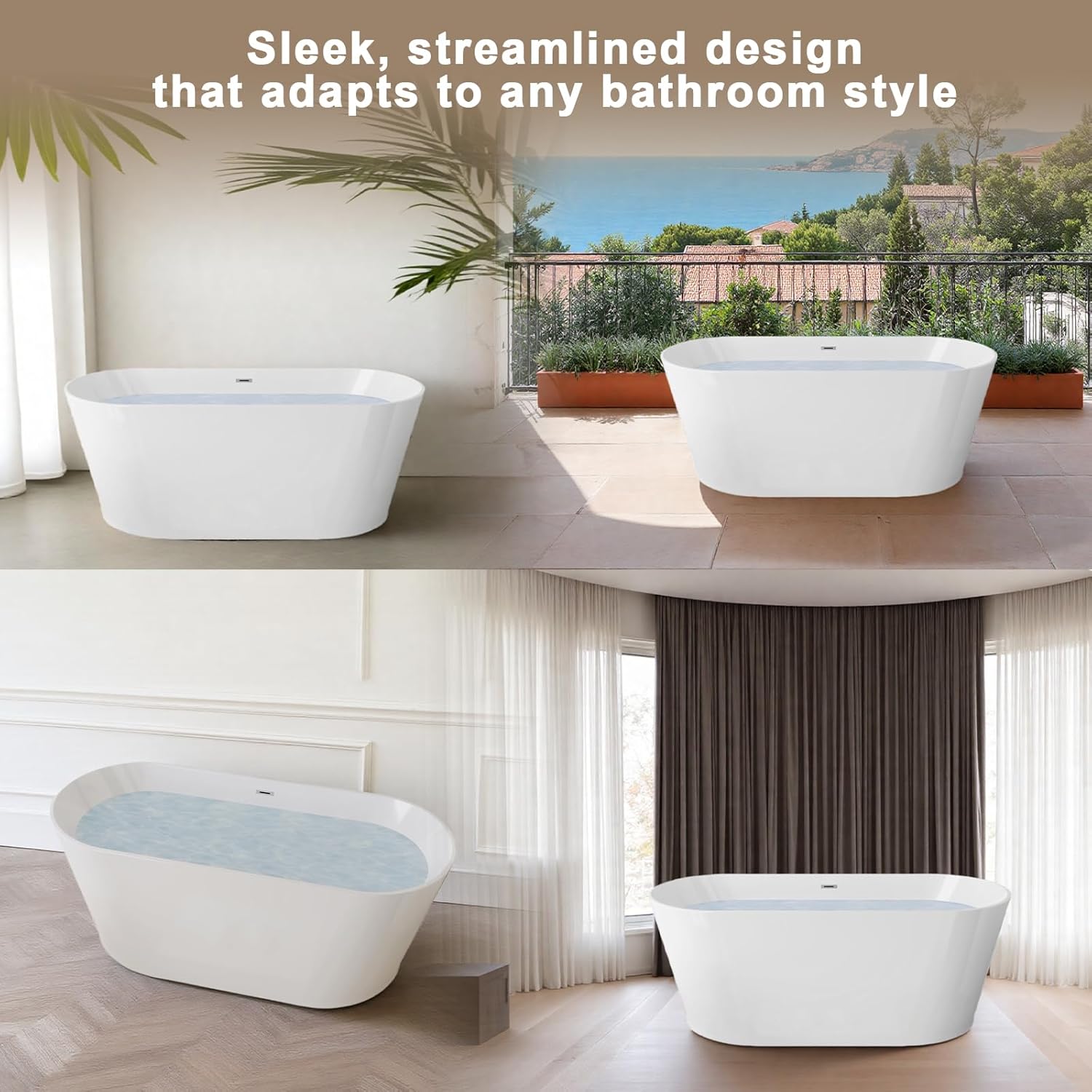 Zavdte 55" Freestanding Acrylic Bathtub, Gloss White Stand Alone Soaking Tub with Toe-tap Chrome Drain, Double-Wall Insulation, CUPC Certified, Easy Install & Spacious Design