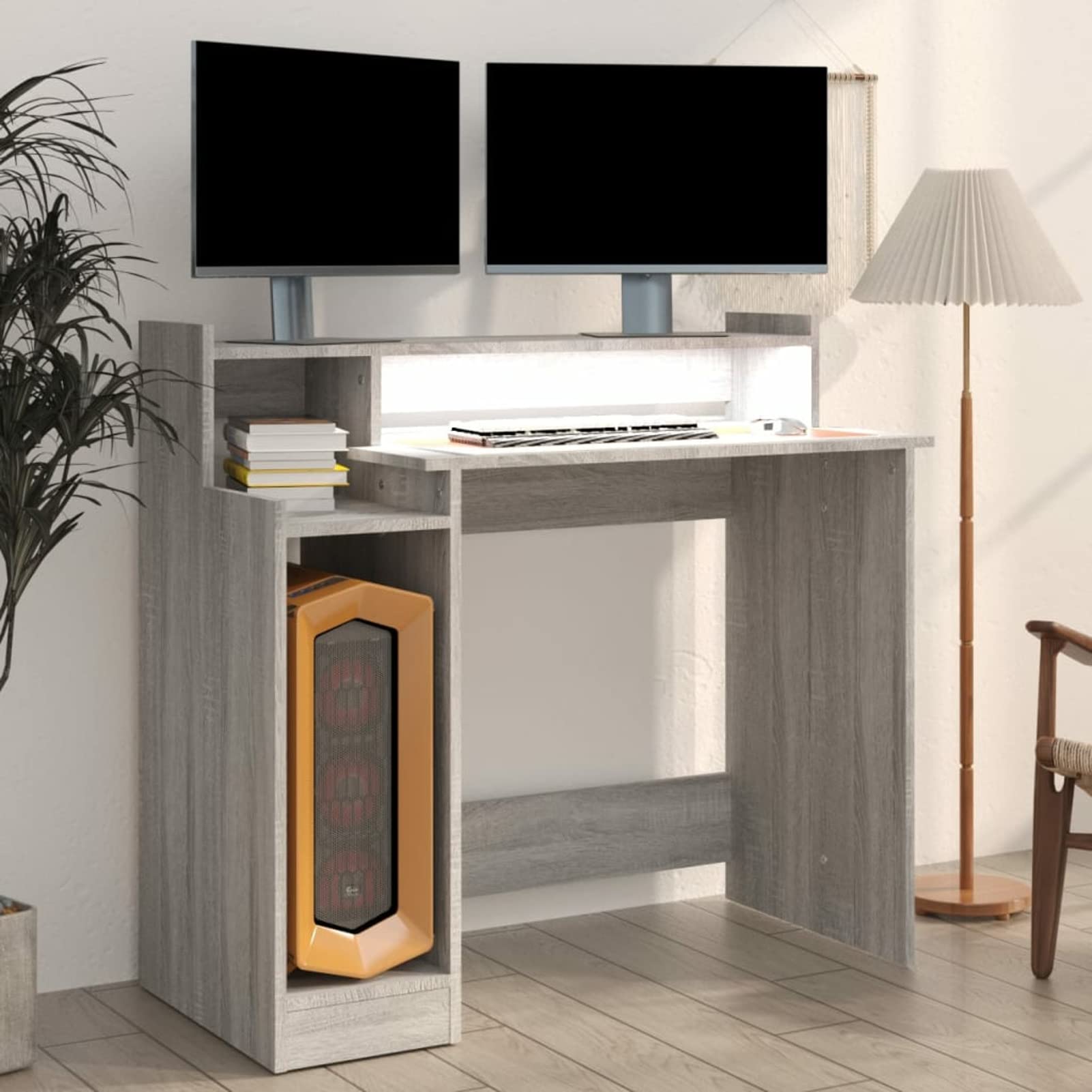 Homgoday Scrivania con Luci LED Grigio Sonoma 97x45x90 cm in Multistrato, Scrivania per Computer, Scrivania Salvaspazio, Tavolo Ufficio, Tavolo Scrivania, Scrivania Gaming per Cameretta