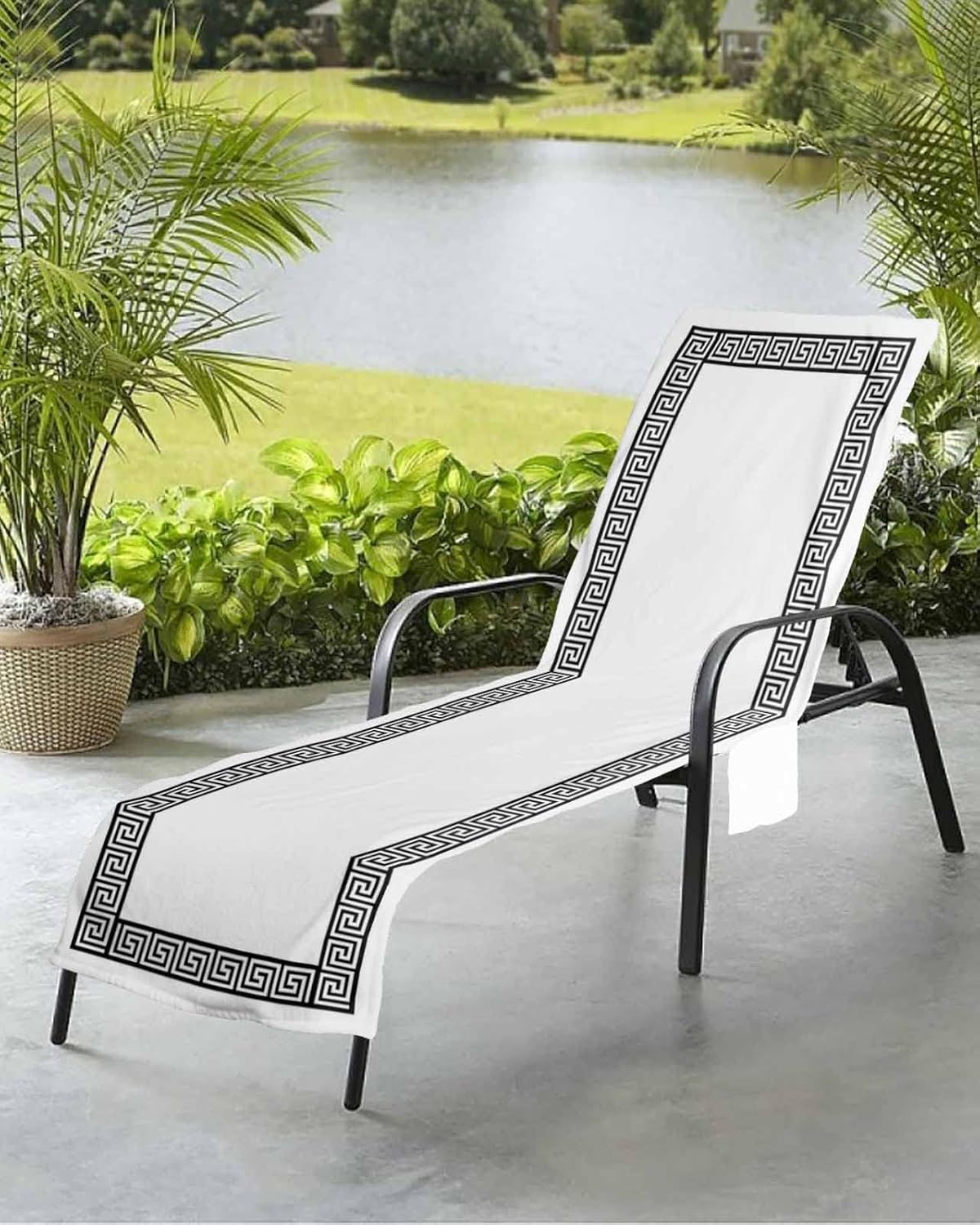 Classic Greek Geometric Beach Pool Patio Lounge Chaise Chair Cover Towel With Pockets,Absorbent & Quick Dry Microfiber Towel Cover Bag Summer Sunbathing Accessories Traditional Chinese Ethnic Richness