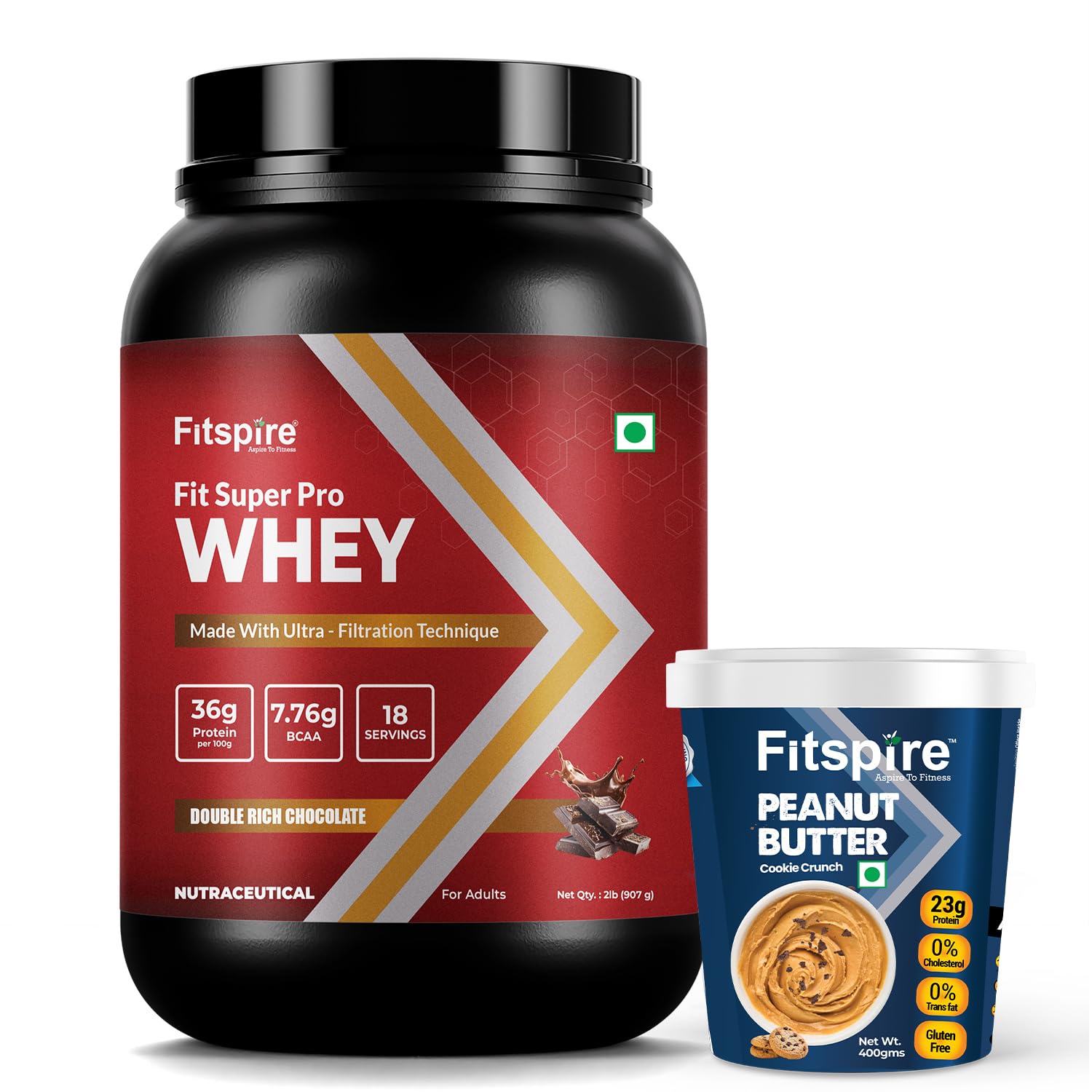 Fitspire Fit Super Pro Whey Protein & Peanut Butter For Men & Women | 36 Gram Protein & 7.76g BCAA | 100% Whey Fuel For Muscle Strength And Recovery | (Doubled Chocolate - 2lbs, Cookie Crunch - 400g)-image-3