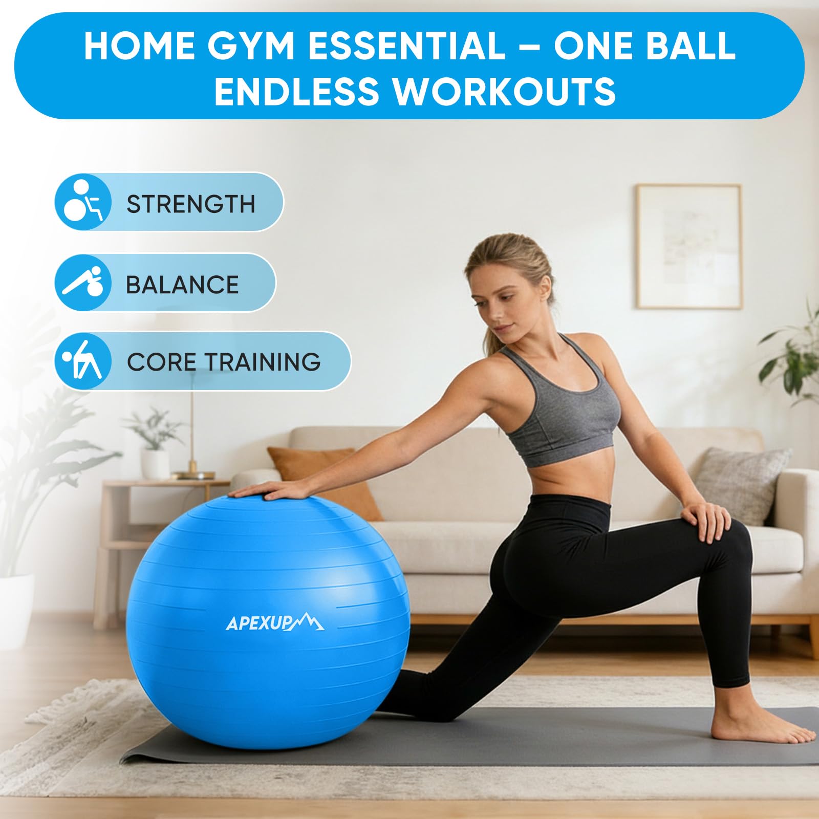 APEXUP Palla da yoga antiscivolo resistente per fitness, equilibrio e allenamento di base | Anti-scoppio, antiscivolo, rafforza il centro, migliora l'equilibrio e la postura, aumenta la flessibilità e la stabilità